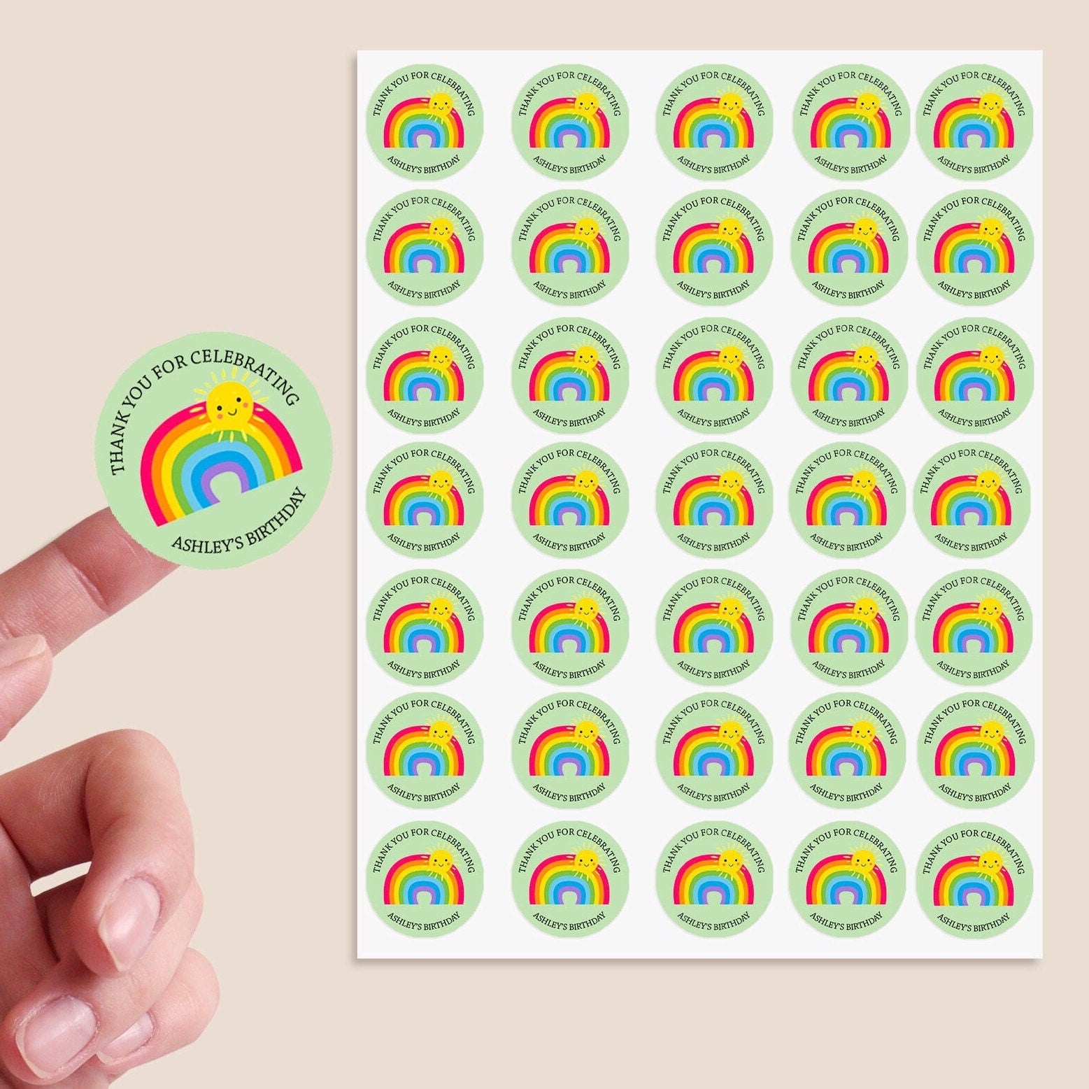 35 Personalised Rainbow Sun Birthday Stickers For Party Thank You Sweet Cone Bags Favour