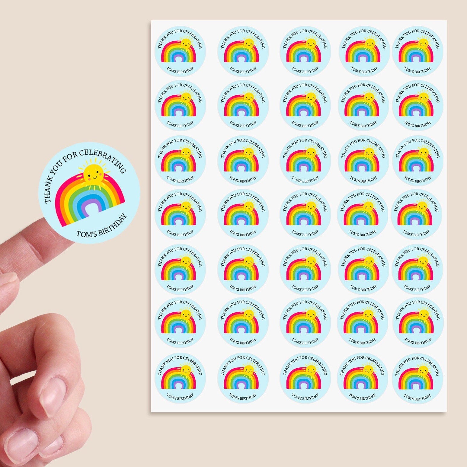 35 Personalised Rainbow Sun Birthday Stickers For Party Thank You Sweet Cone Bags Favour