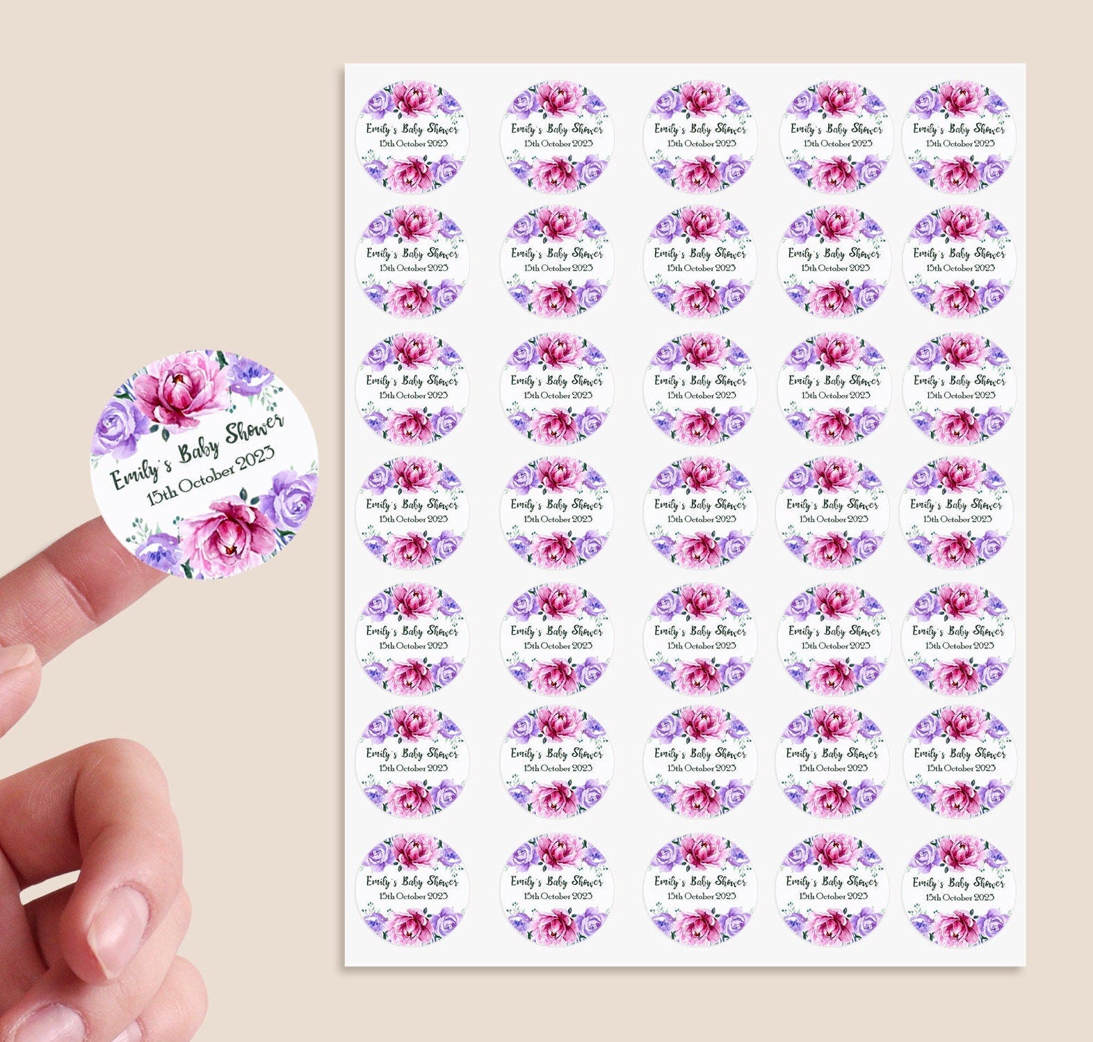 35 Personalised Floral Baby Shower Stickers - Thank You Sweet Cone Bags Favour Luxury - Various colours