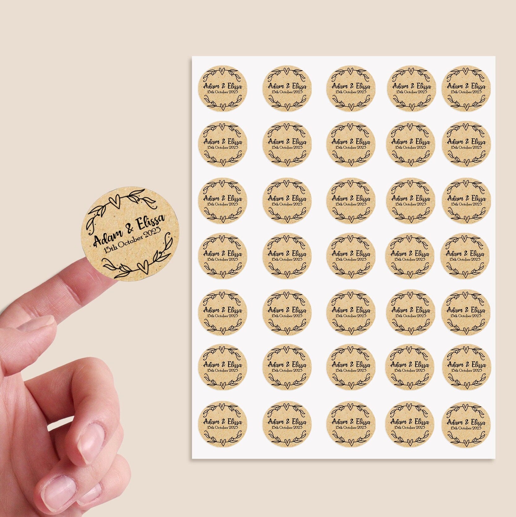 35 Personalised Wedding Shabby Chic Brown Kraft Effect Favour Rustic Heart Stickers