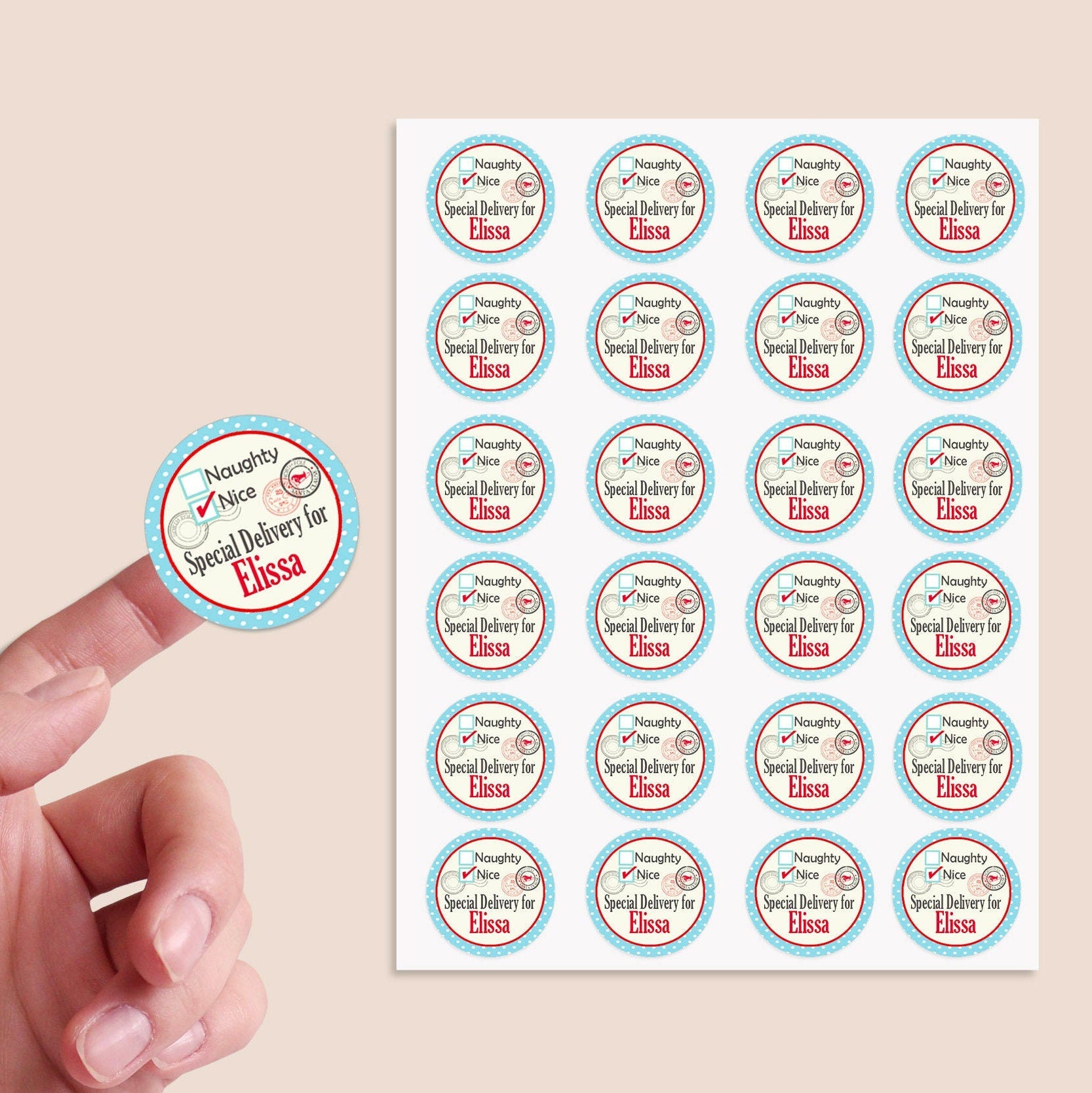 24 Personalised Christmas Stickers Delivery From Santa North Pole Gift Tag Labels Present Naughty or Nice Circle Polka