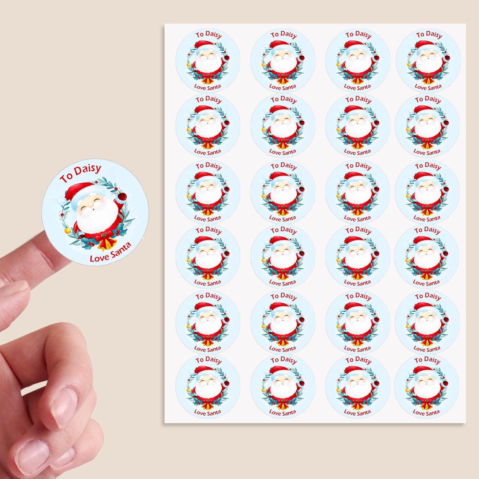 24 Personalised Christmas Stickers Delivery From Santa North Pole Gift Tag Labels Present Blue wreath Father Christmas