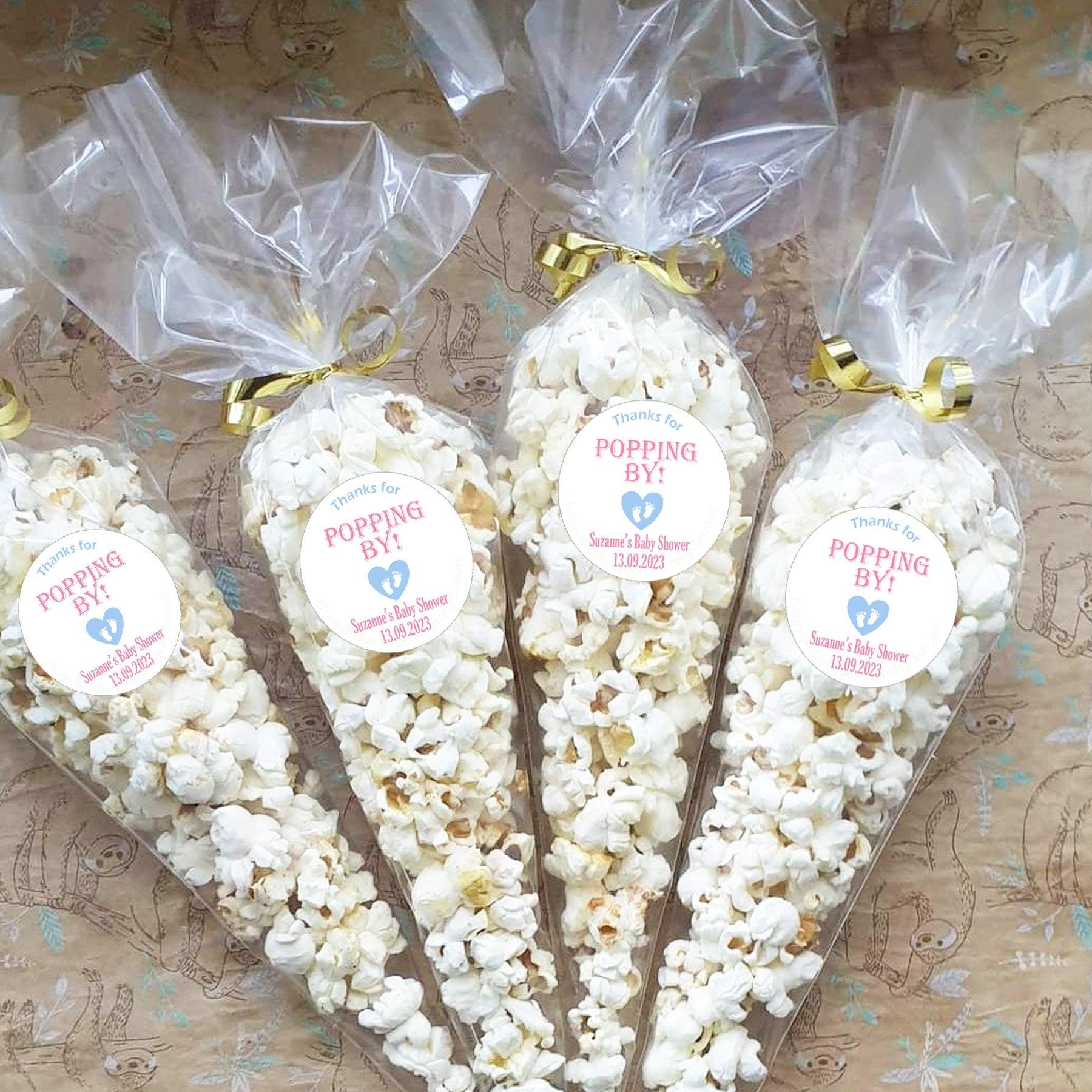 24 Personalised Baby Shower Stickers Thank You Popcorn Cone stickers, Favour bag stickers, Thanks for POPPING by