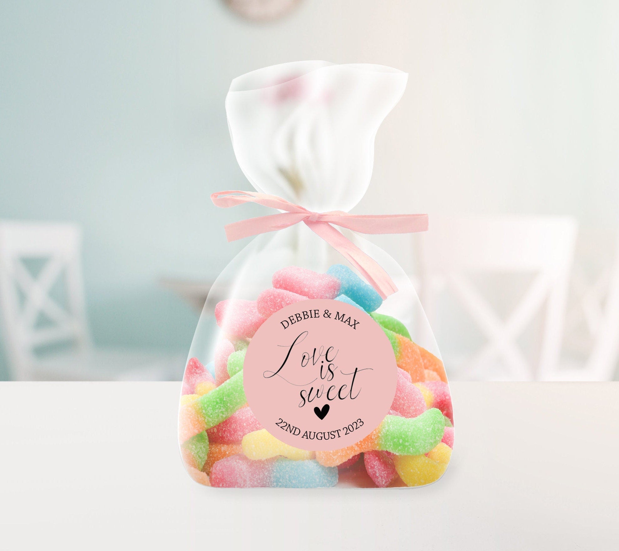 35 Personalised Sweet Wedding Stickers - Love is sweet Cone Bags Favour Luxury labels - Various colours