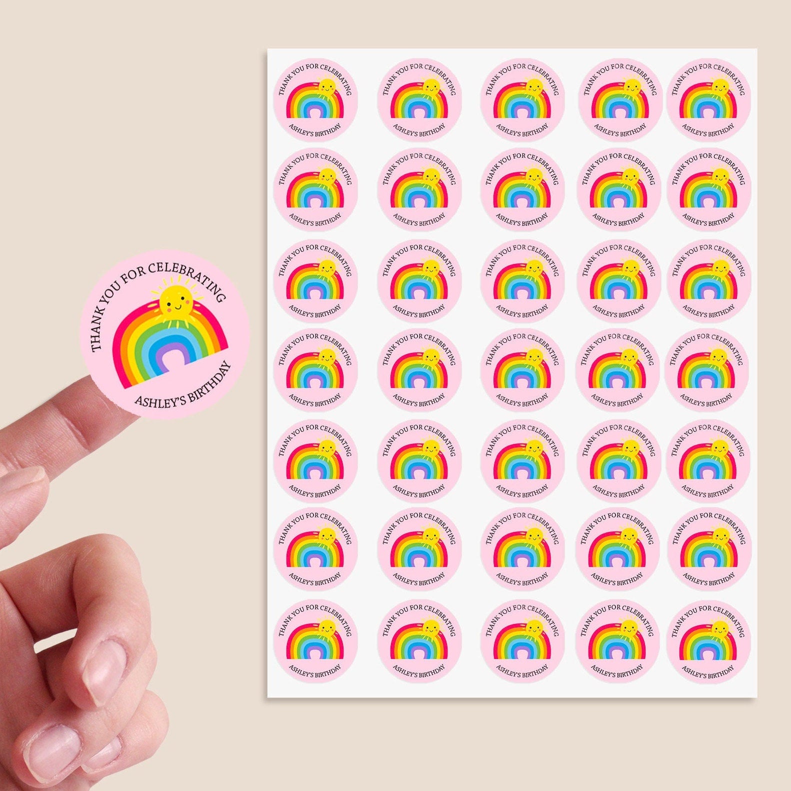 35 Personalised Rainbow Sun Birthday Stickers For Party Thank You Sweet Cone Bags Favour