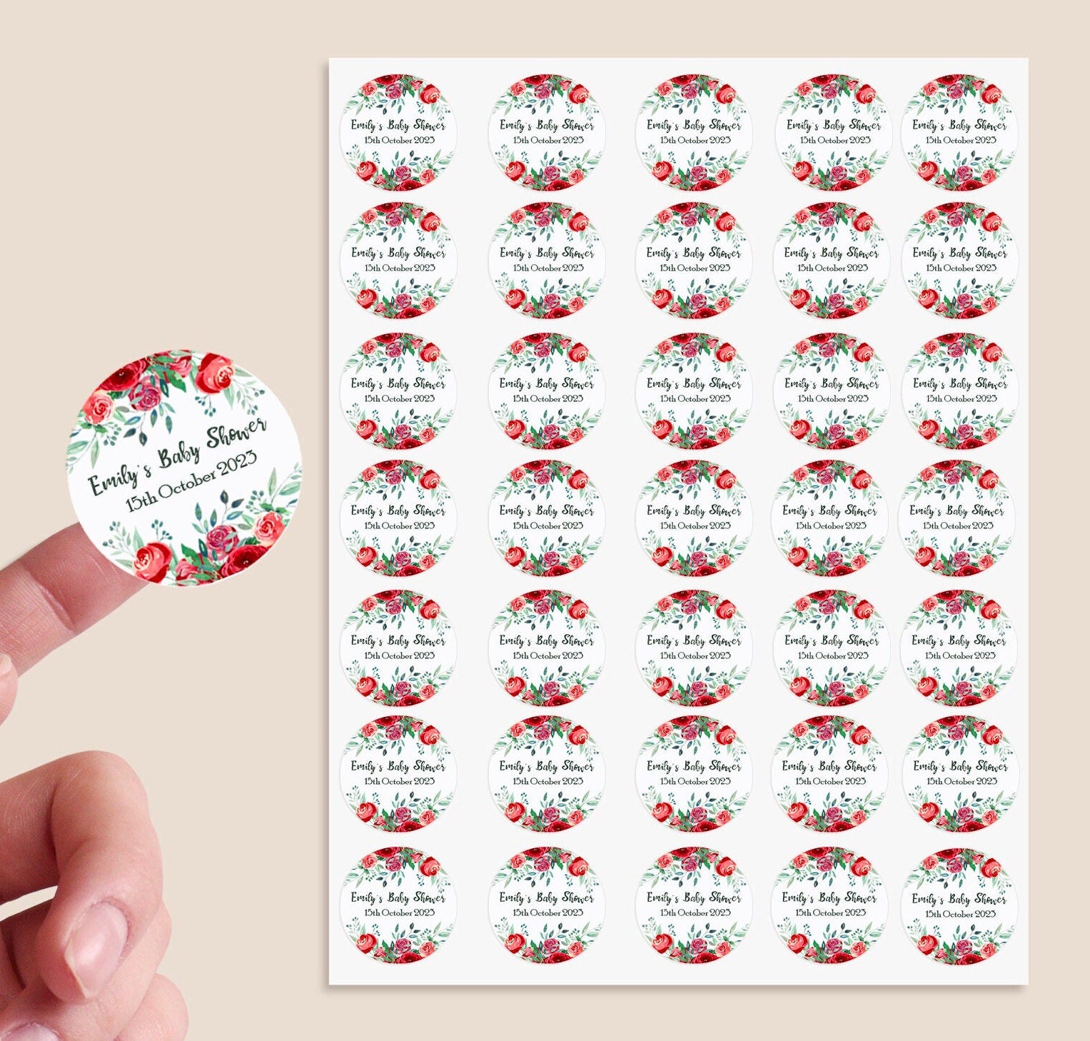 35 Personalised Floral Baby Shower Stickers - Thank You Sweet Cone Bags Favour Luxury - Various colours