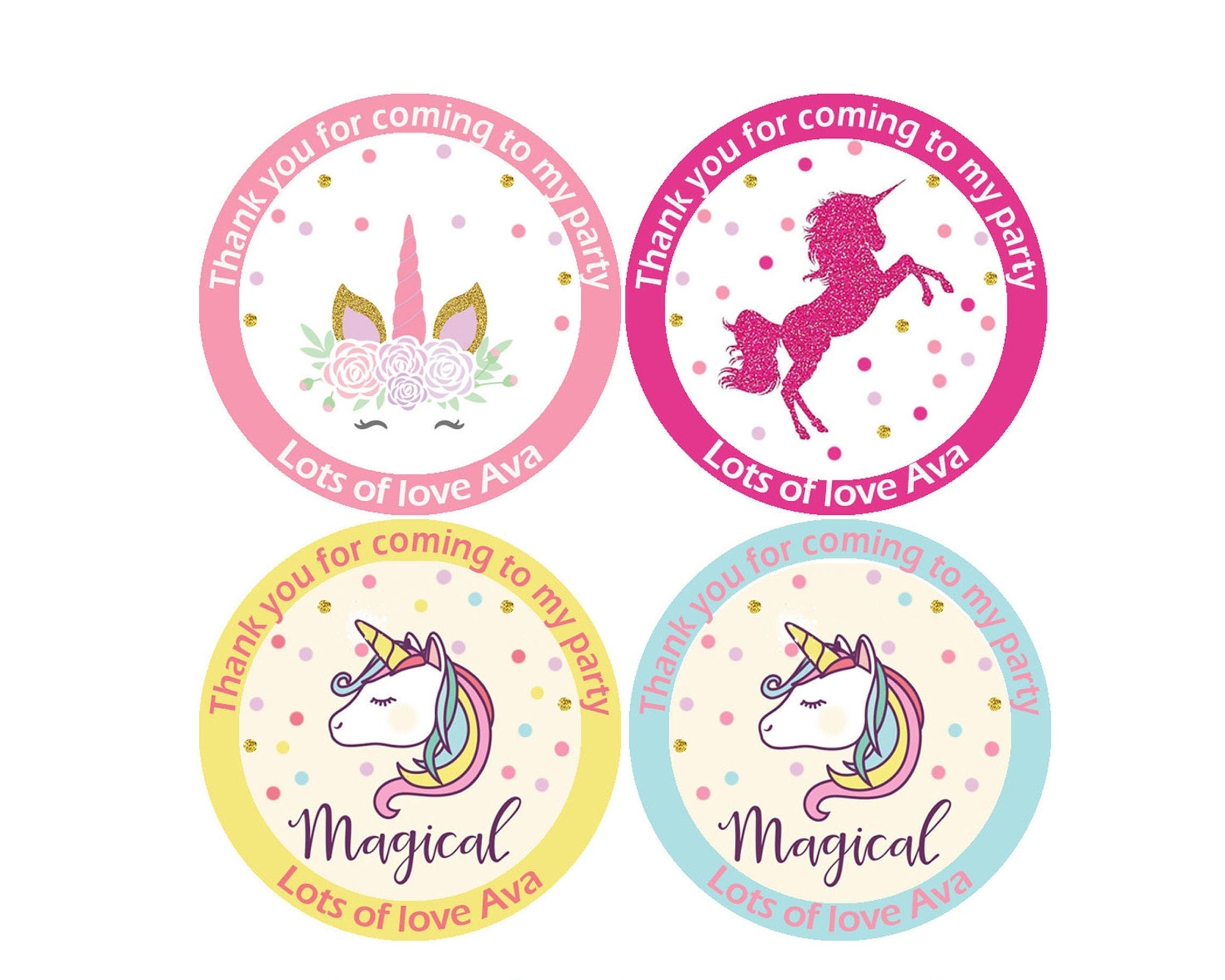 Personalised Unicorn Birthday Stickers For Party Thank You Sweet Cone Bags 4.5cm - with or without cones