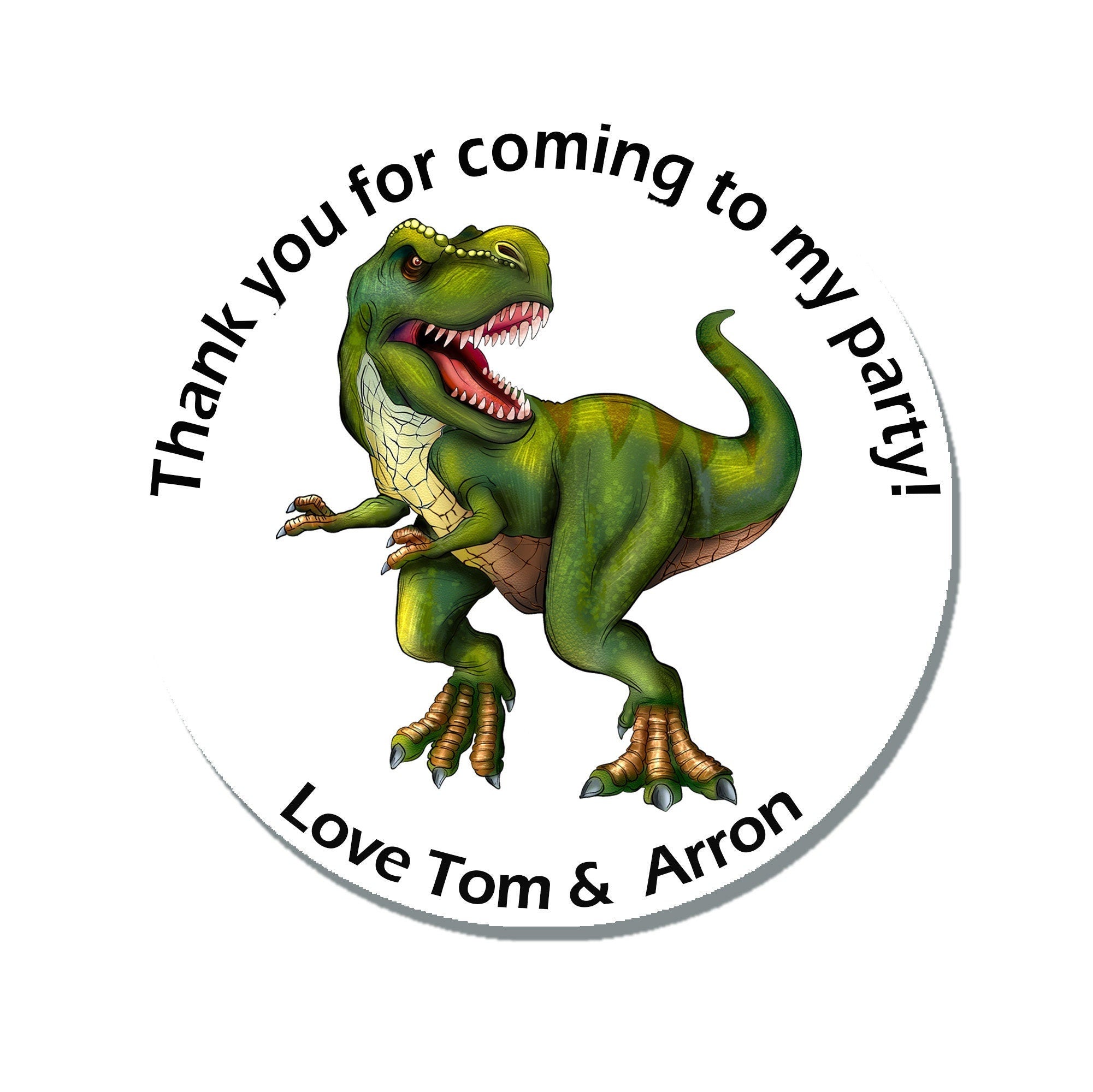 Round Personalised dinosaur Birthday Stickers Labels Thank You For Coming To My Party T-Rex