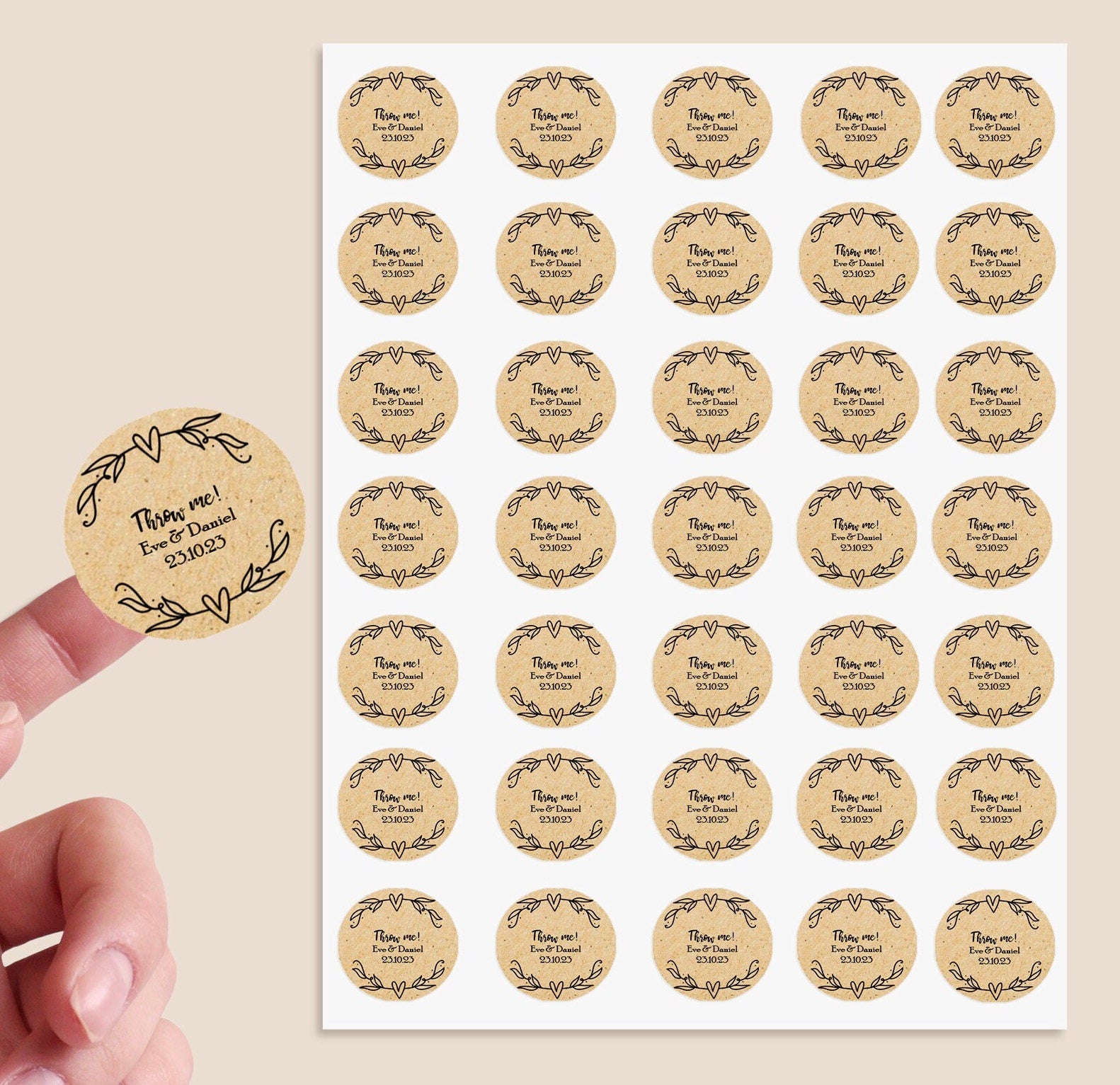 35 Personalised Confetti Wedding Stickers Sprinkle the Love, Throw me, Cone Bags Favour Luxury - Kraft White