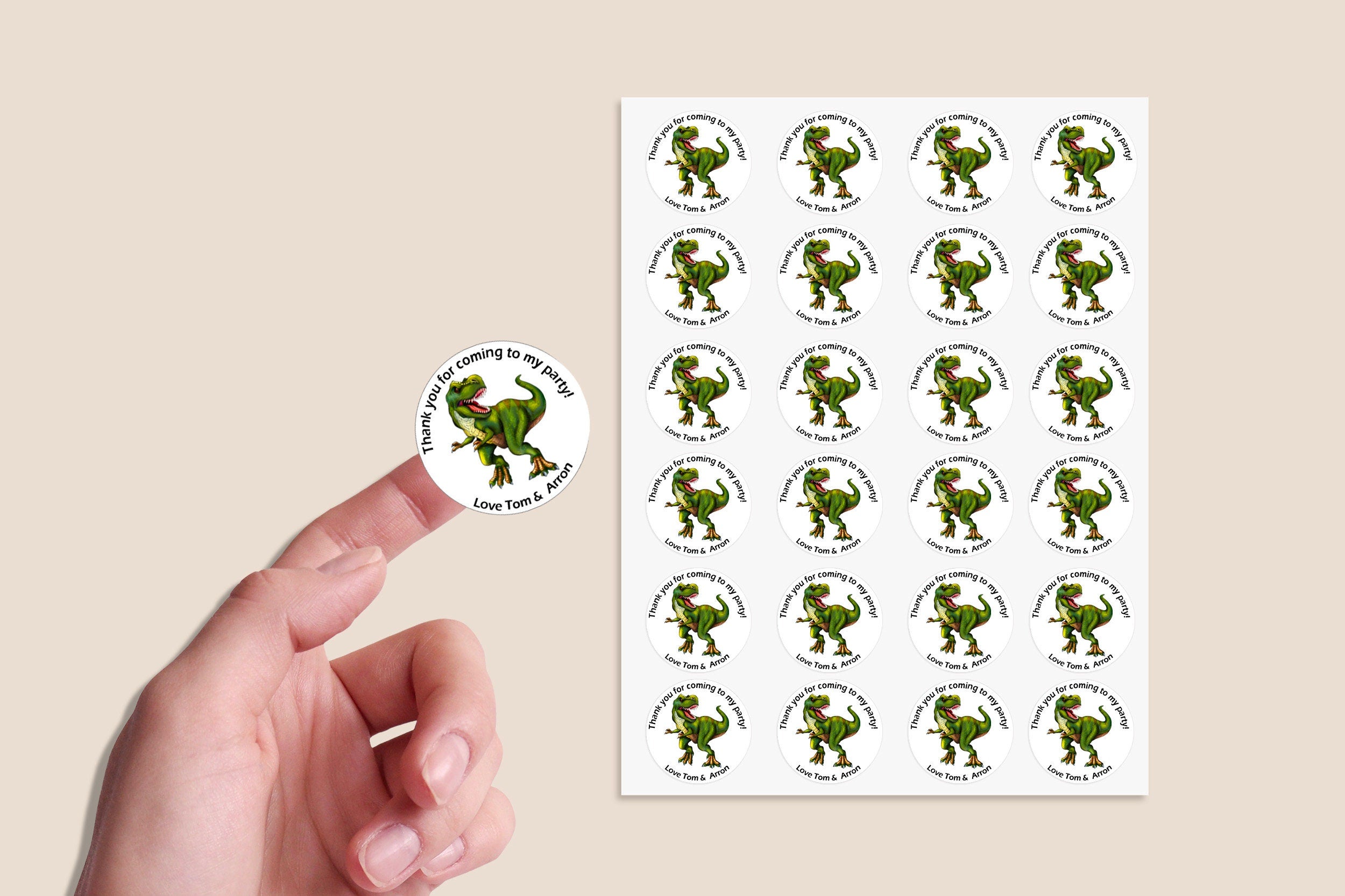 Round Personalised dinosaur Birthday Stickers Labels Thank You For Coming To My Party T-Rex