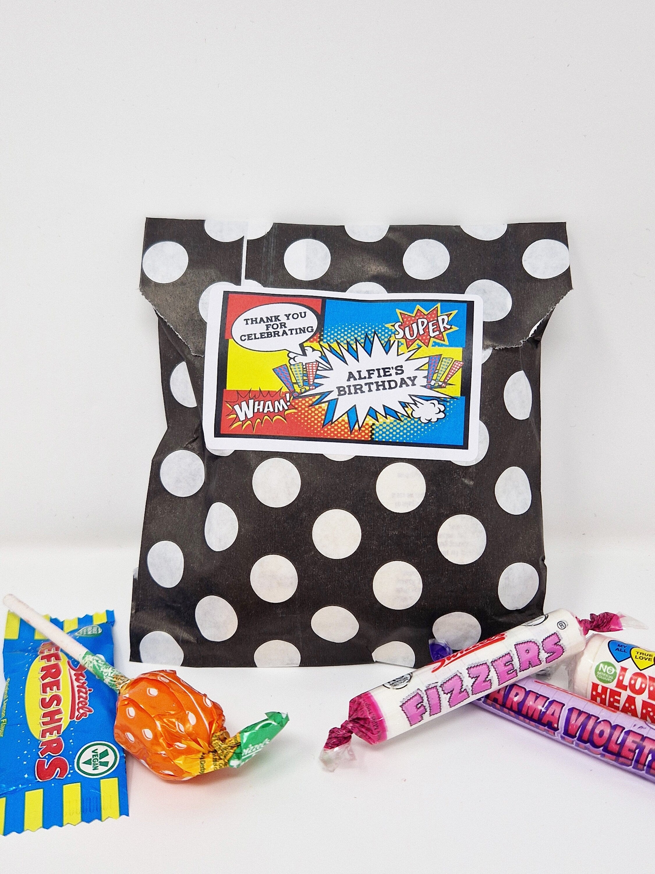 Personalised Superhero theme Favour Sweet Bags Birthday Candy Cart Striped Polka Black Dots