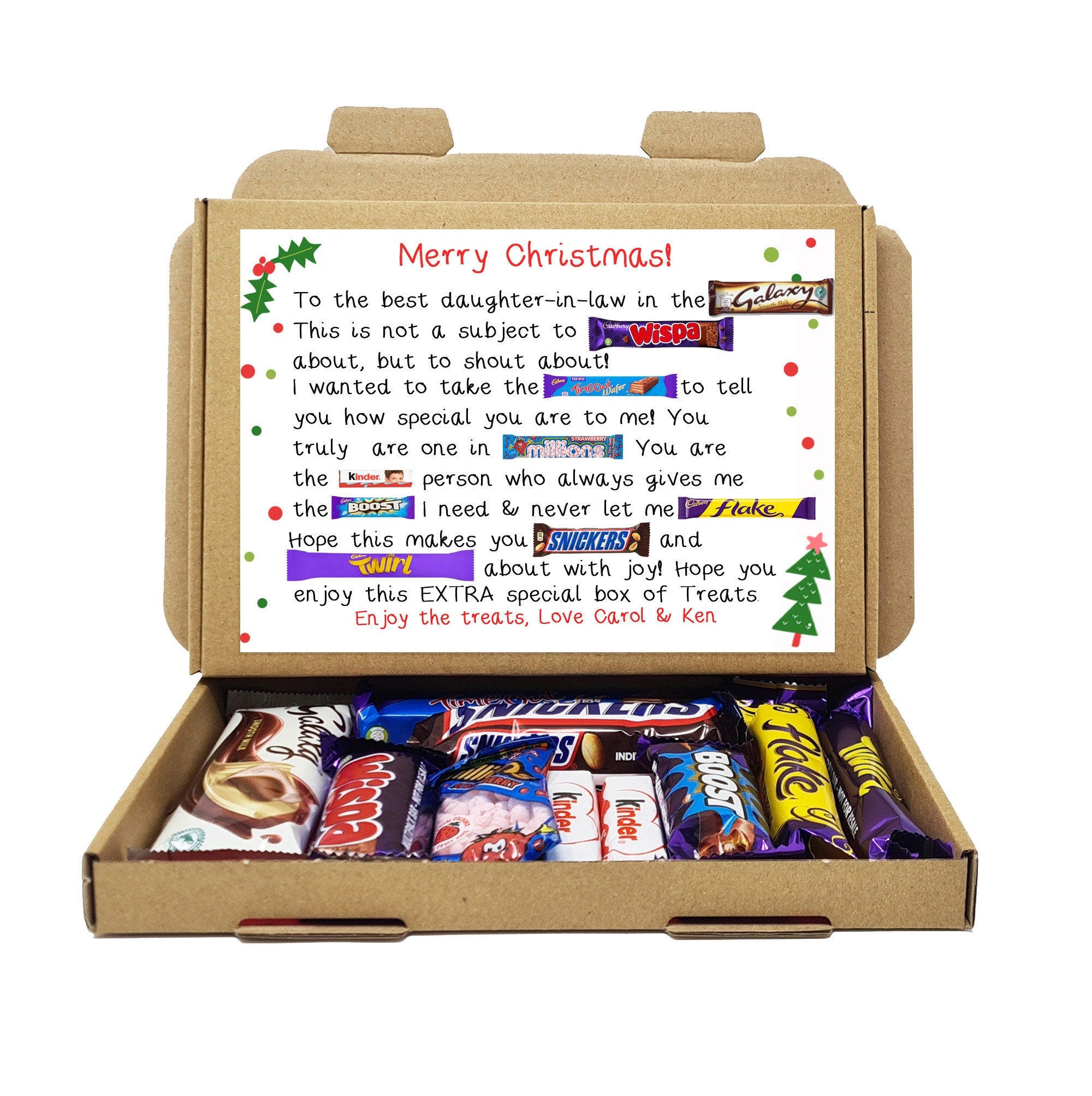 Personalised Poem Christmas gift Treat Box Hug in a box, hamper Sweet gift, Him/Her, Son / Daughter in law, Father in law, Mother in law