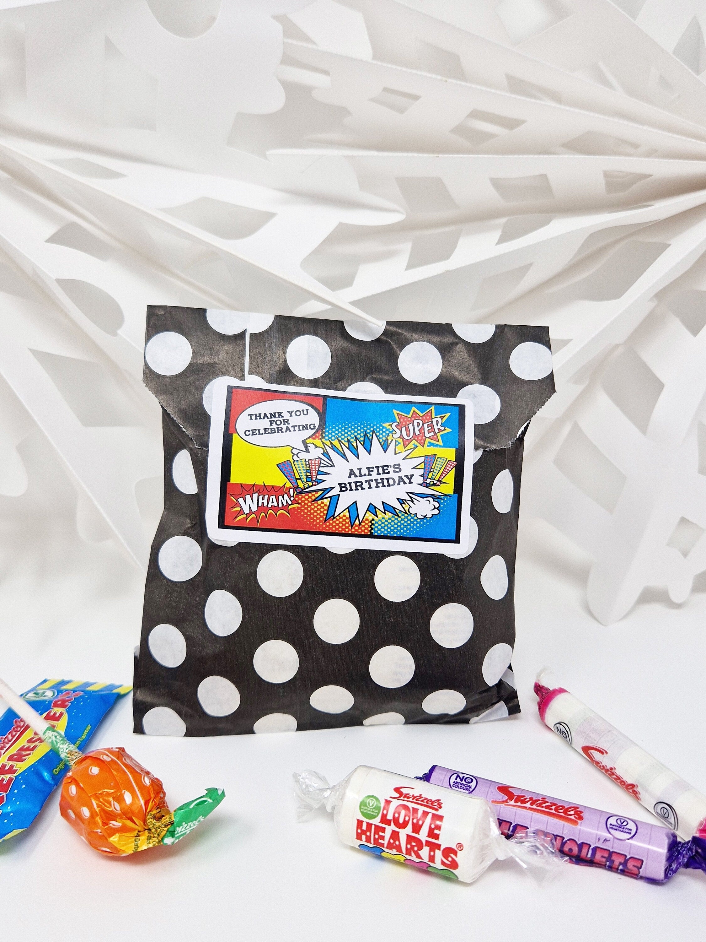 Personalised Superhero theme Favour Sweet Bags Birthday Candy Cart Striped Polka Black Dots