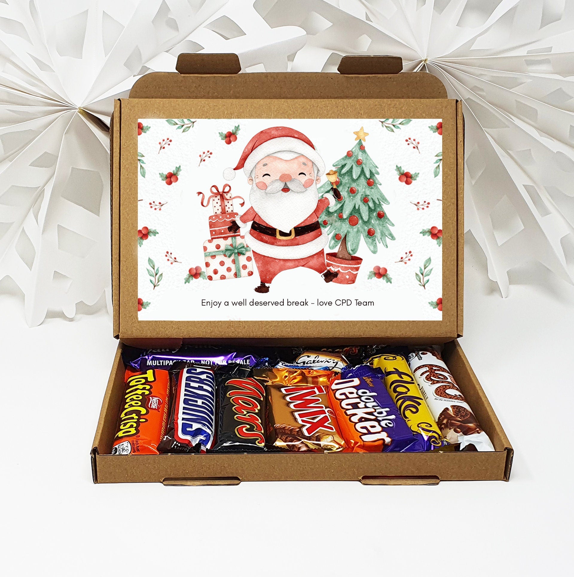 Personalised Christmas Chocolate Treats Box Kids Adults Gift Hamper Stocking Filler Santa Cute Watercolour