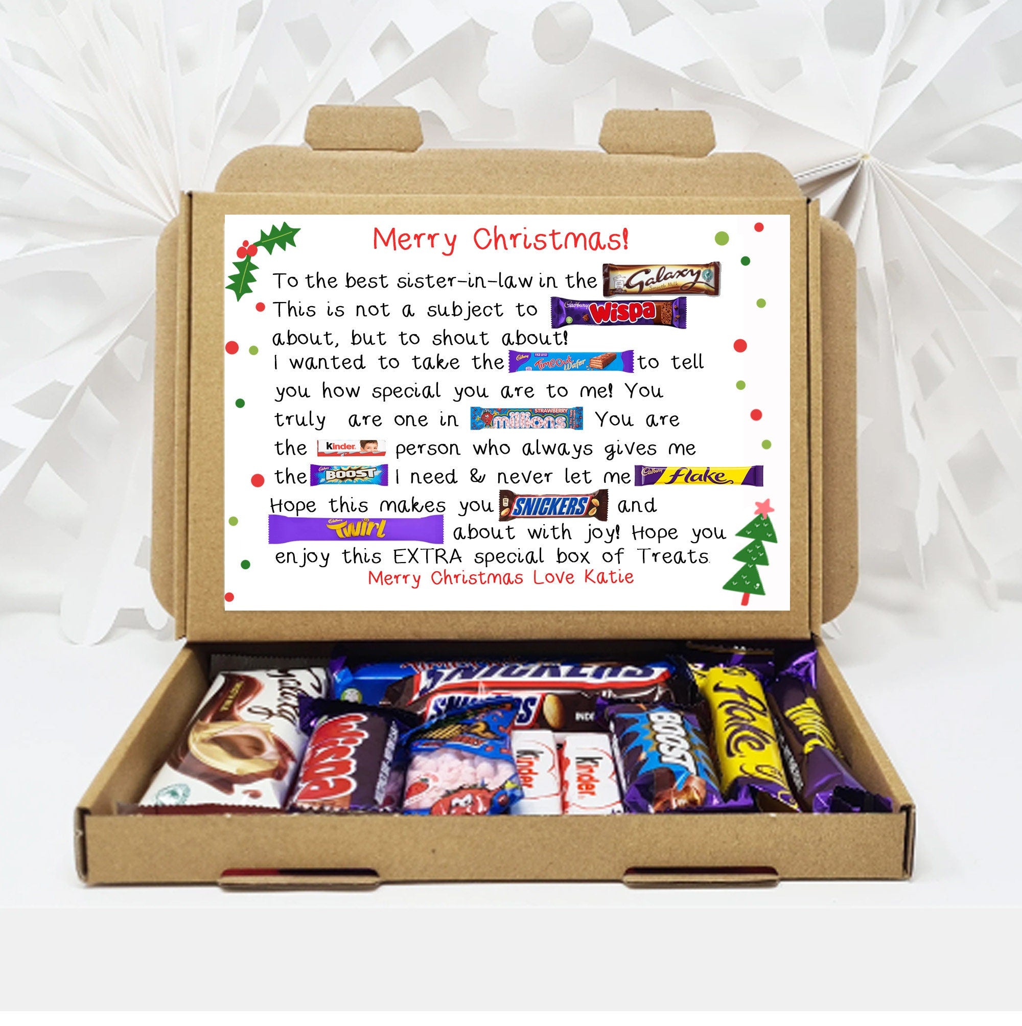 Personalised Poem Christmas gift Treat Box Hug in a box, hamper Sweet gift, Him/Her, Son / Daughter in law, Father in law, Mother in law