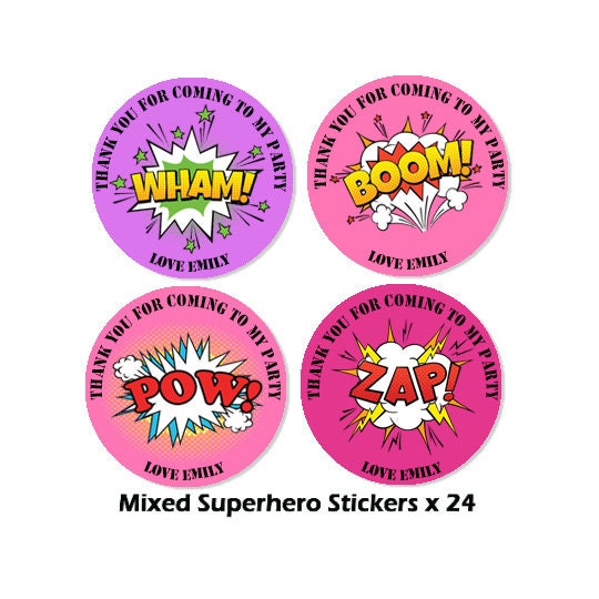 Personalised Super hero Birthday Stickers For Party Thank You Sweet Cone Bags Pow Boom