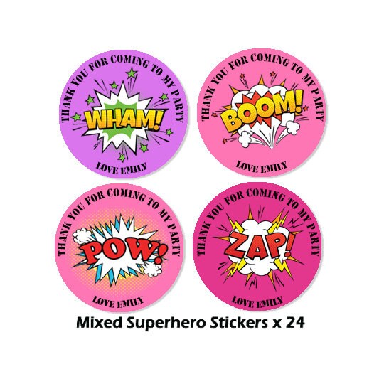 Personalised Super hero Birthday Stickers For Party Thank You Sweet Cone Bags Pow Boom Girl Pink