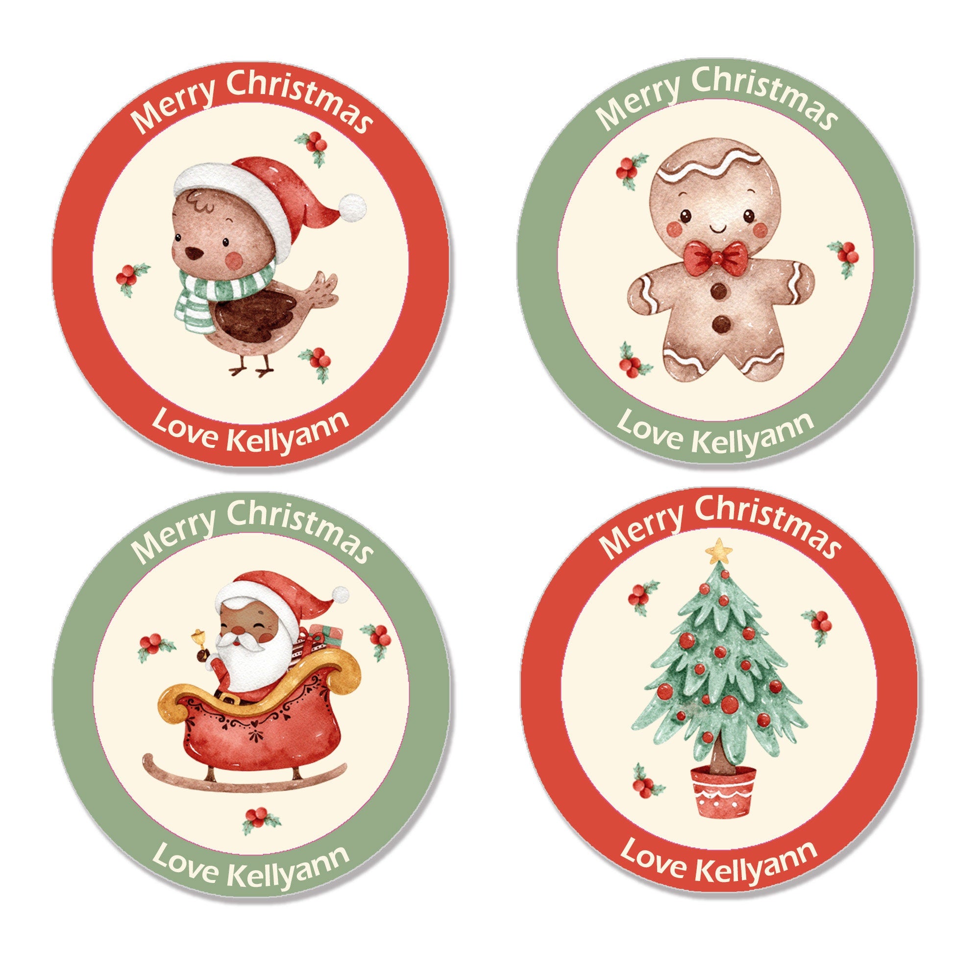 24 Personalised Christmas Stickers Gift Tag Labels Present Delivery Any Text Cute Watercolour effect