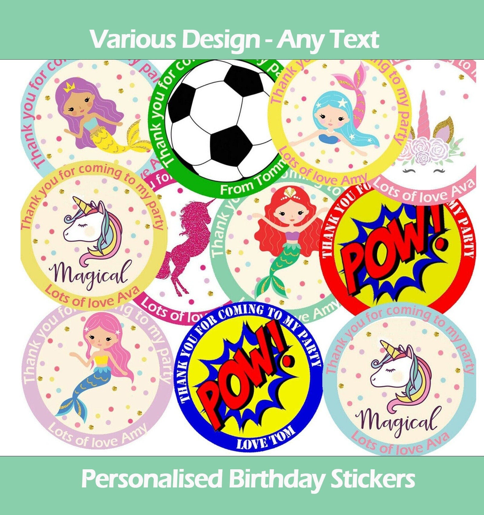 Round Personalised Birthday Stickers Labels Thank You For Coming To My Party 3.5cm or 45cm