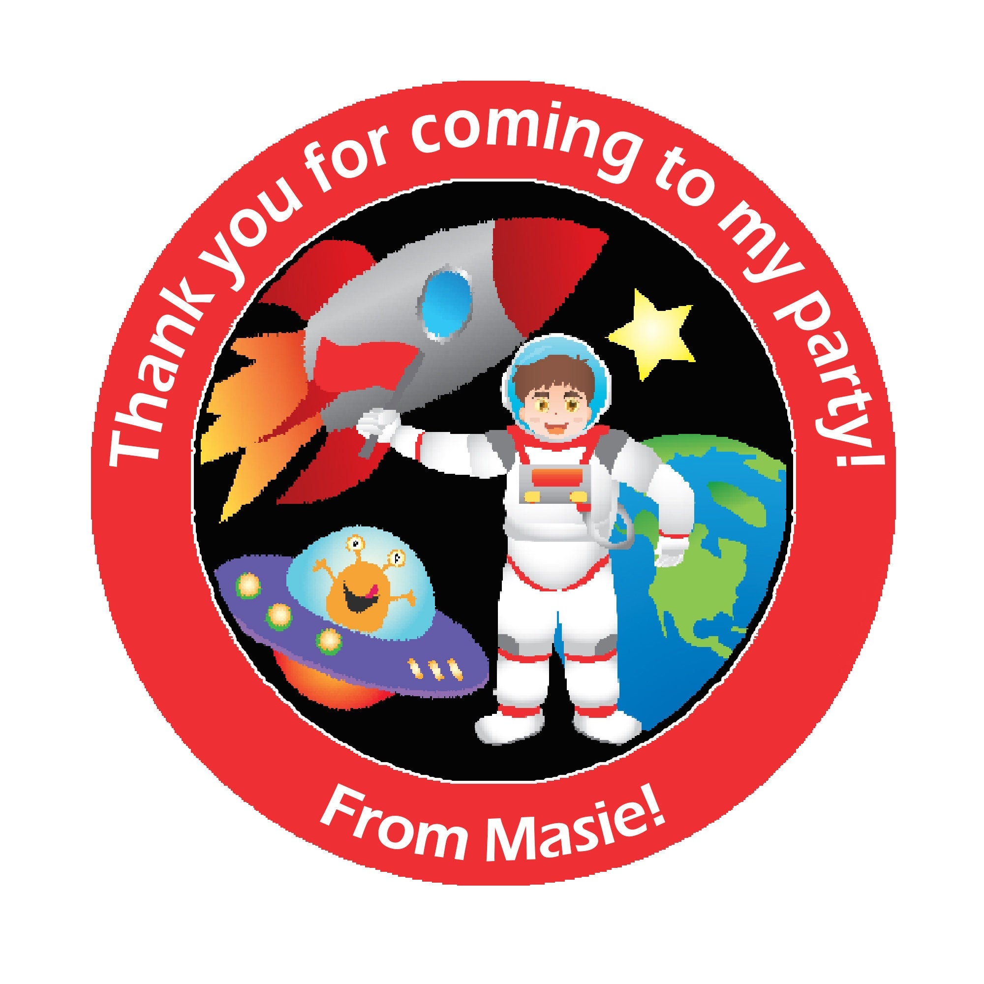 Personalised Space Planets Birthday Stickers For Party Thank You Sweet Cone Bags Out of this world 3.7cm or 4.5cm