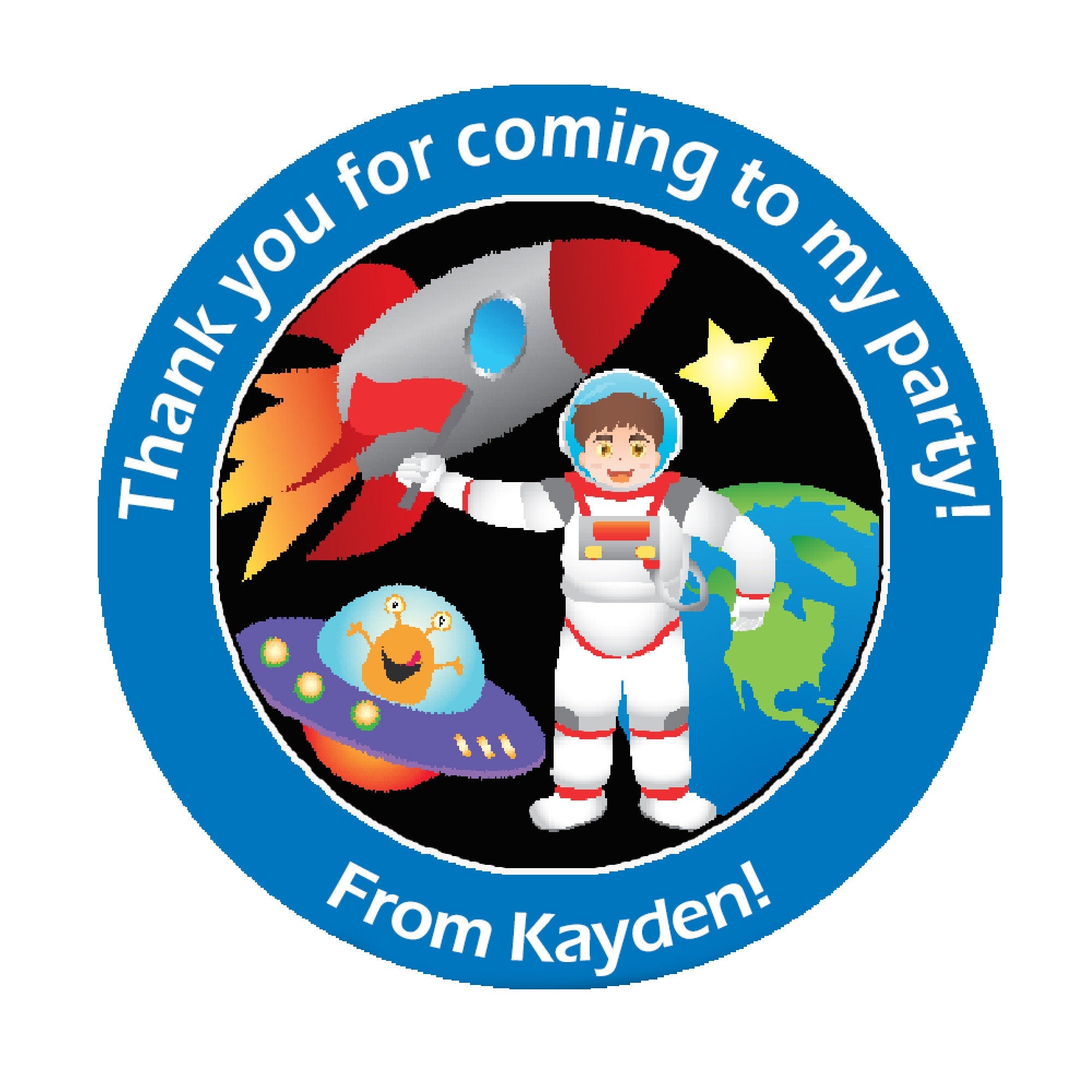 Personalised Space Planets Birthday Stickers For Party Thank You Sweet Cone Bags Out of this world 3.7cm or 4.5cm