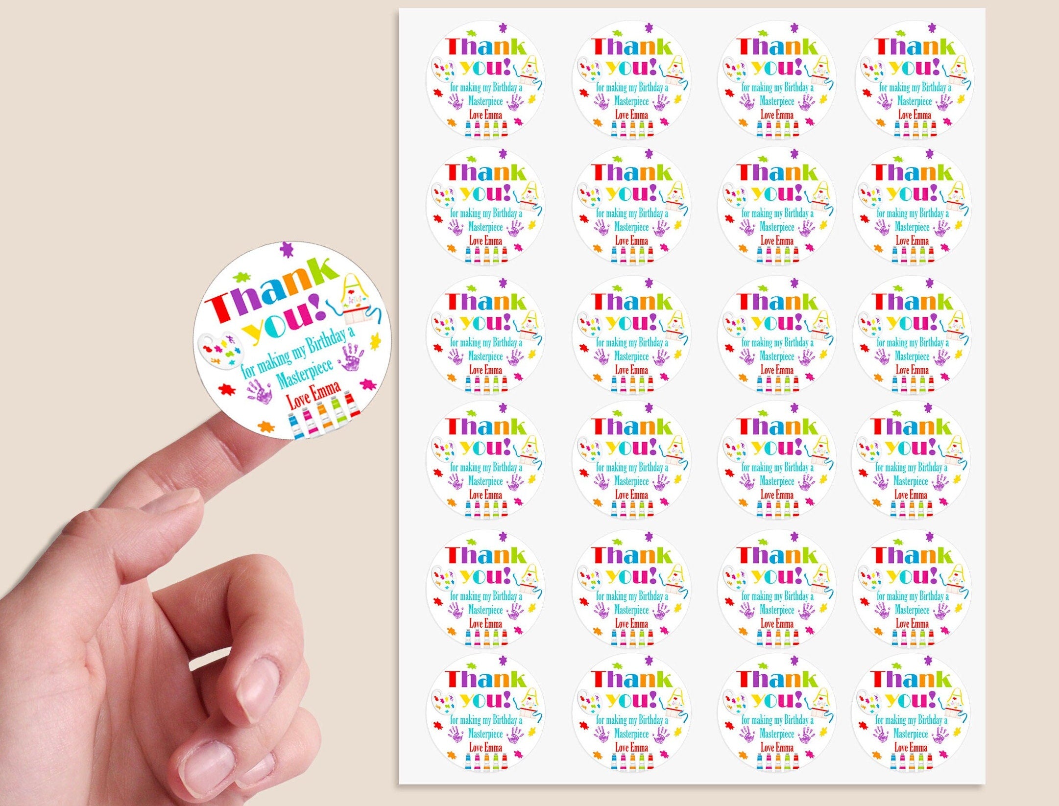 Personalised Art & crafts paint Birthday Stickers For Party Thank You Sweet Cone Bags Labels