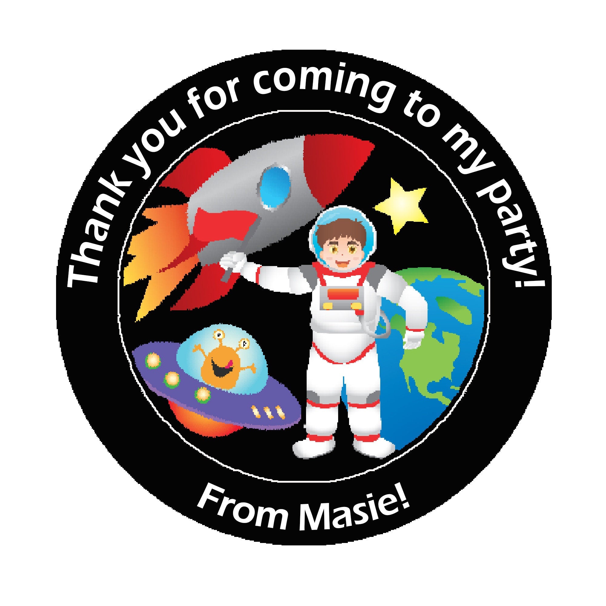 Personalised Space Planets Birthday Stickers For Party Thank You Sweet Cone Bags Out of this world 3.7cm or 4.5cm