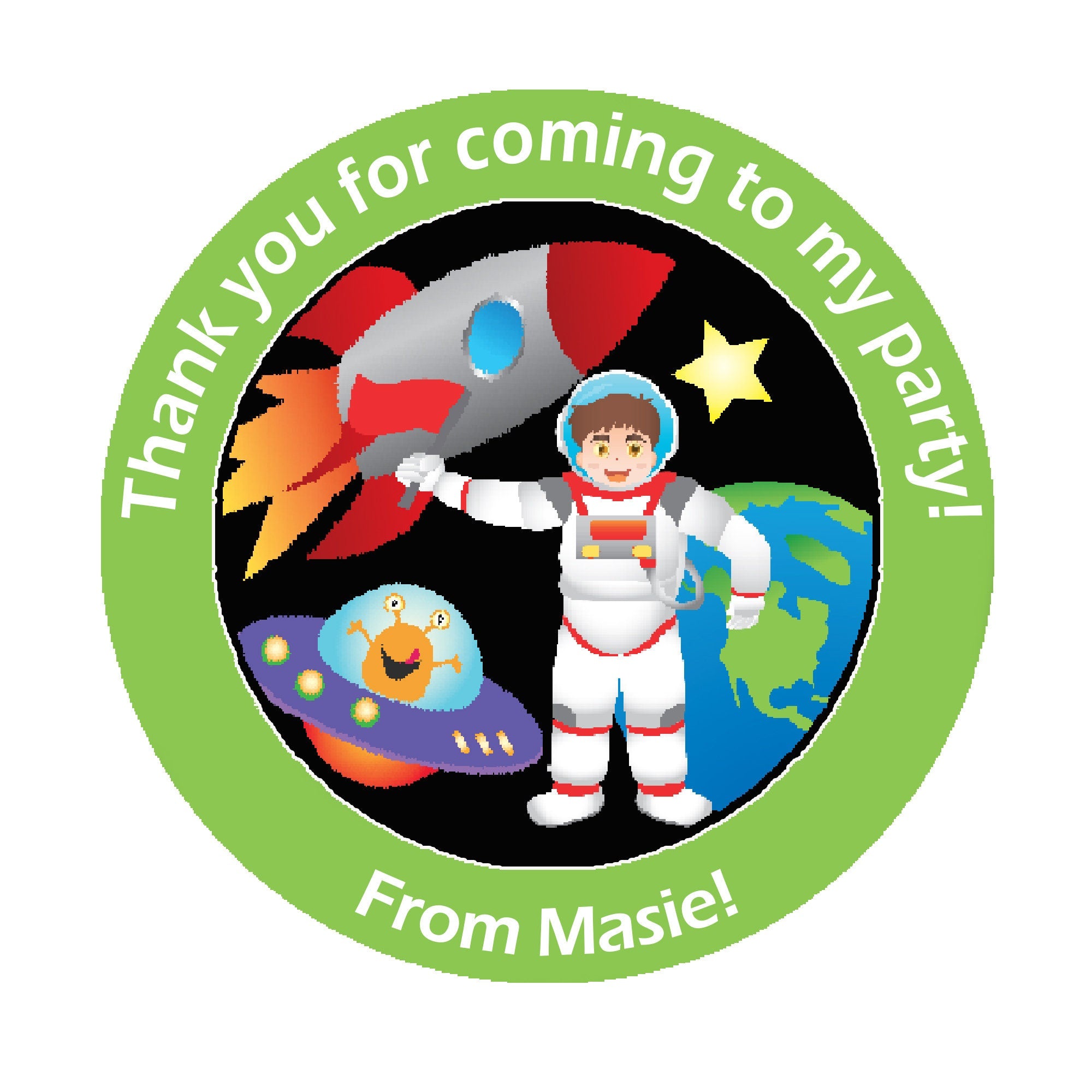 Personalised Space Planets Birthday Stickers For Party Thank You Sweet Cone Bags Out of this world 3.7cm or 4.5cm