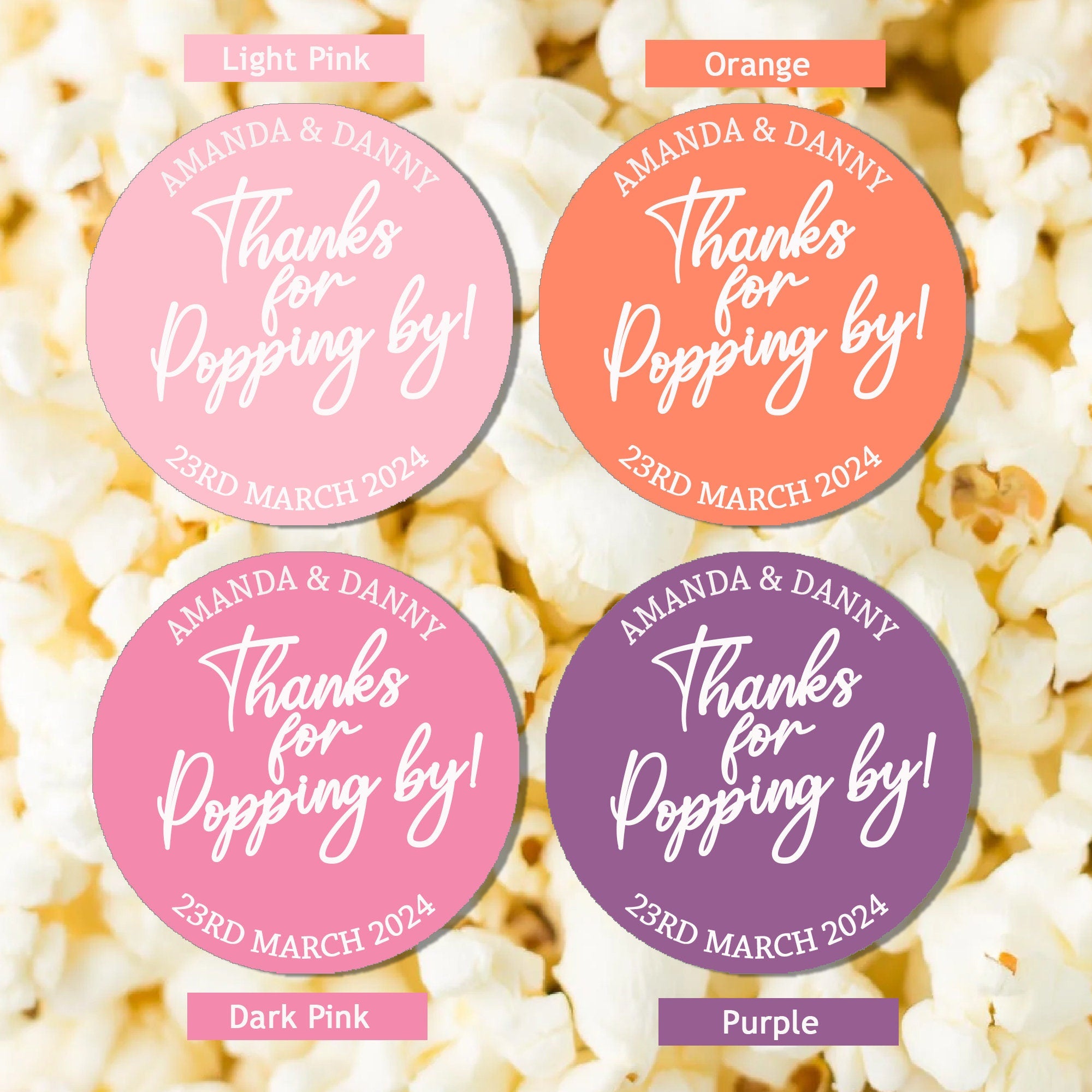 Personalised  Thanks for Popping by Stickers Popcorn Cone stickers, Favour bag stickers, Birthday Wedding Baby Shower  - Various colours