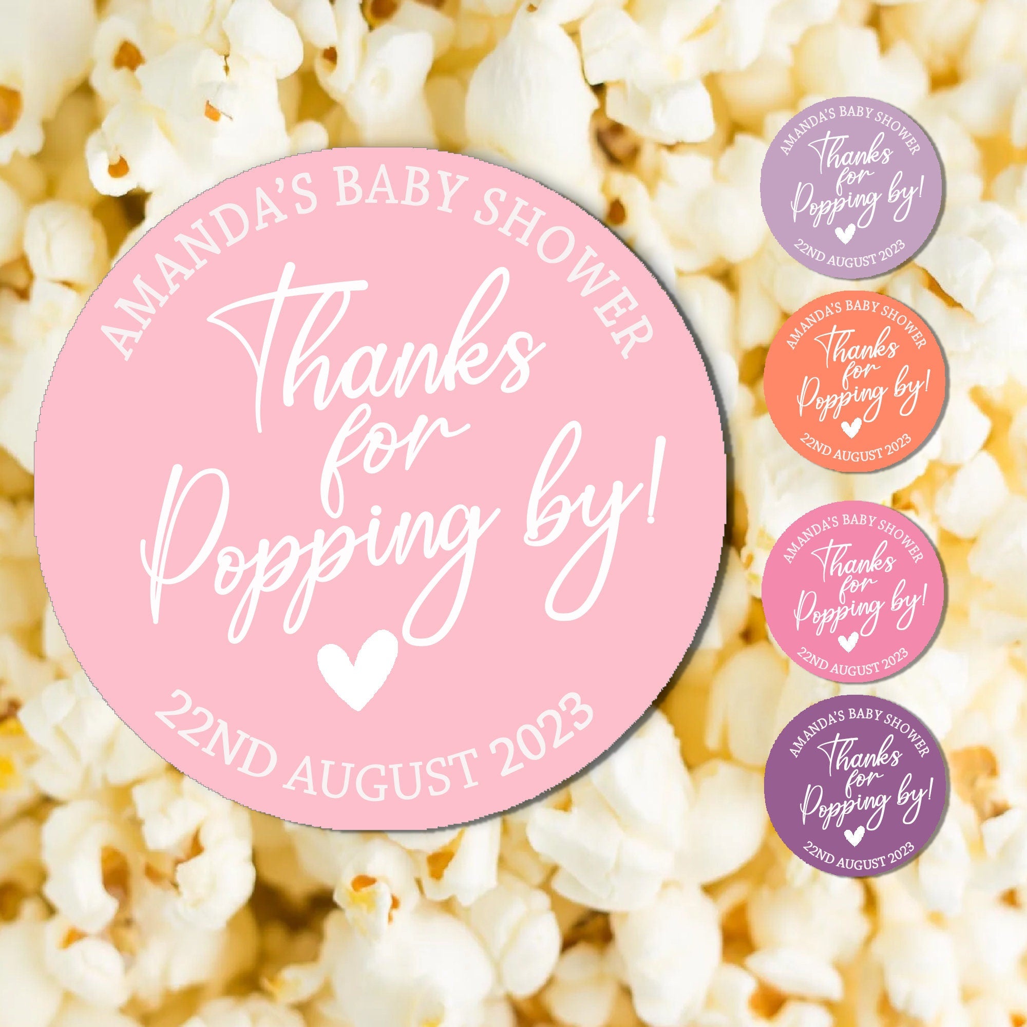 Personalised  Thanks for Popping by Stickers Popcorn Cone stickers, Favour bag stickers, Birthday Wedding Baby Shower  - Various colours