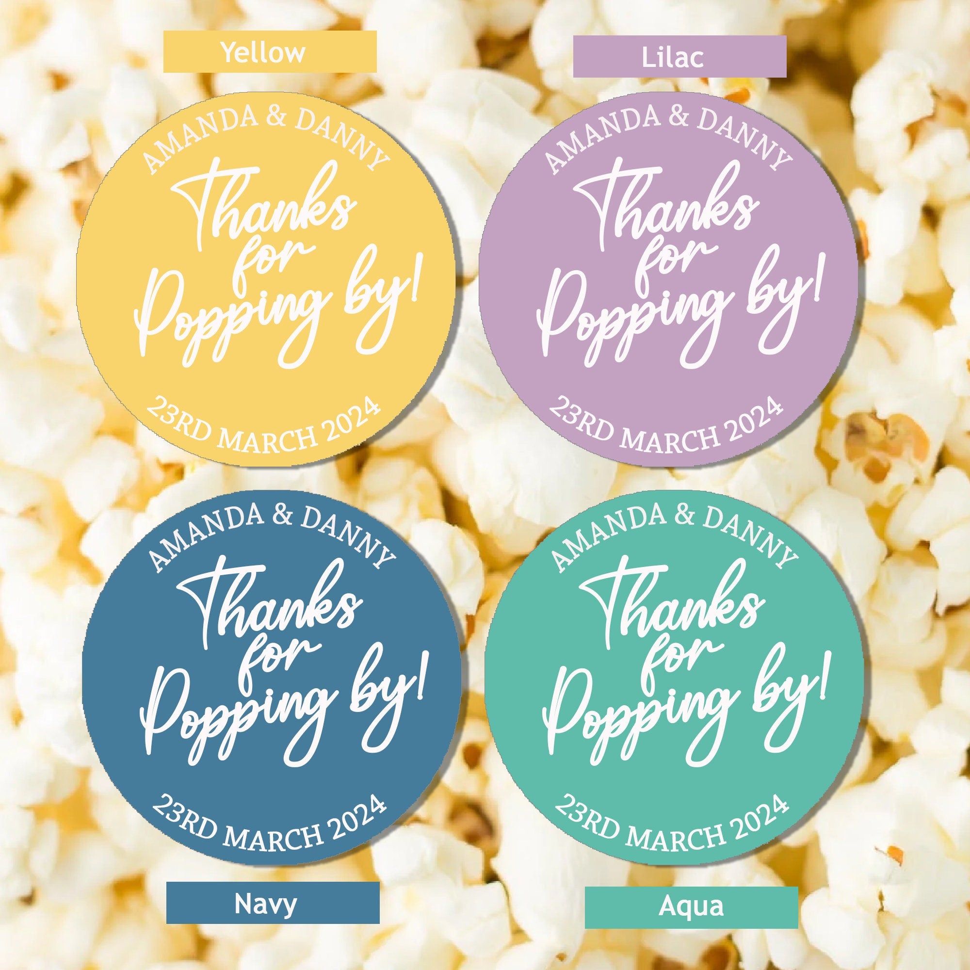 Personalised  Thanks for Popping by Stickers Popcorn Cone stickers, Favour bag stickers, Birthday Wedding Baby Shower  - Various colours