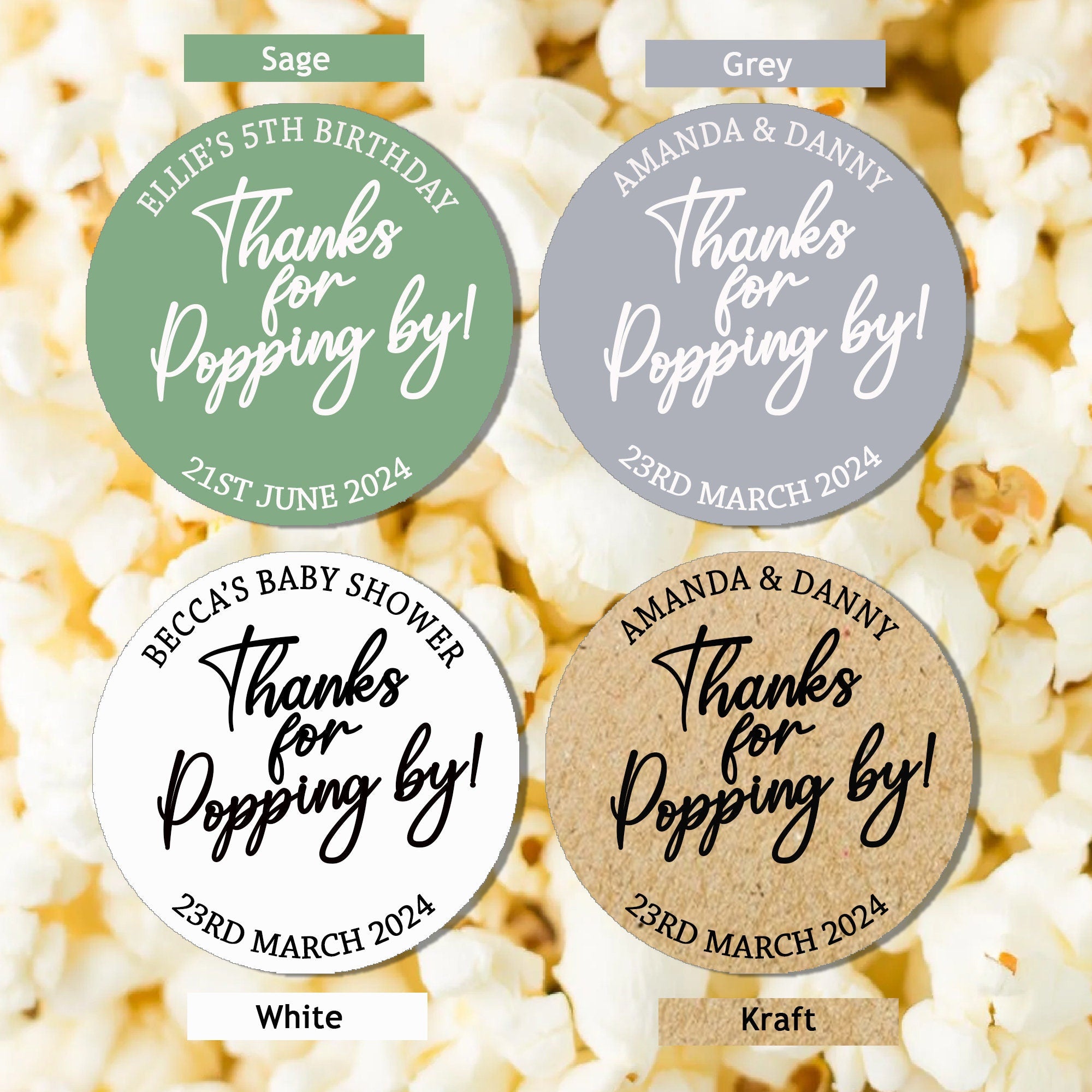 Personalised  Thanks for Popping by Stickers Popcorn Cone stickers, Favour bag stickers, Birthday Wedding Baby Shower  - Various colours