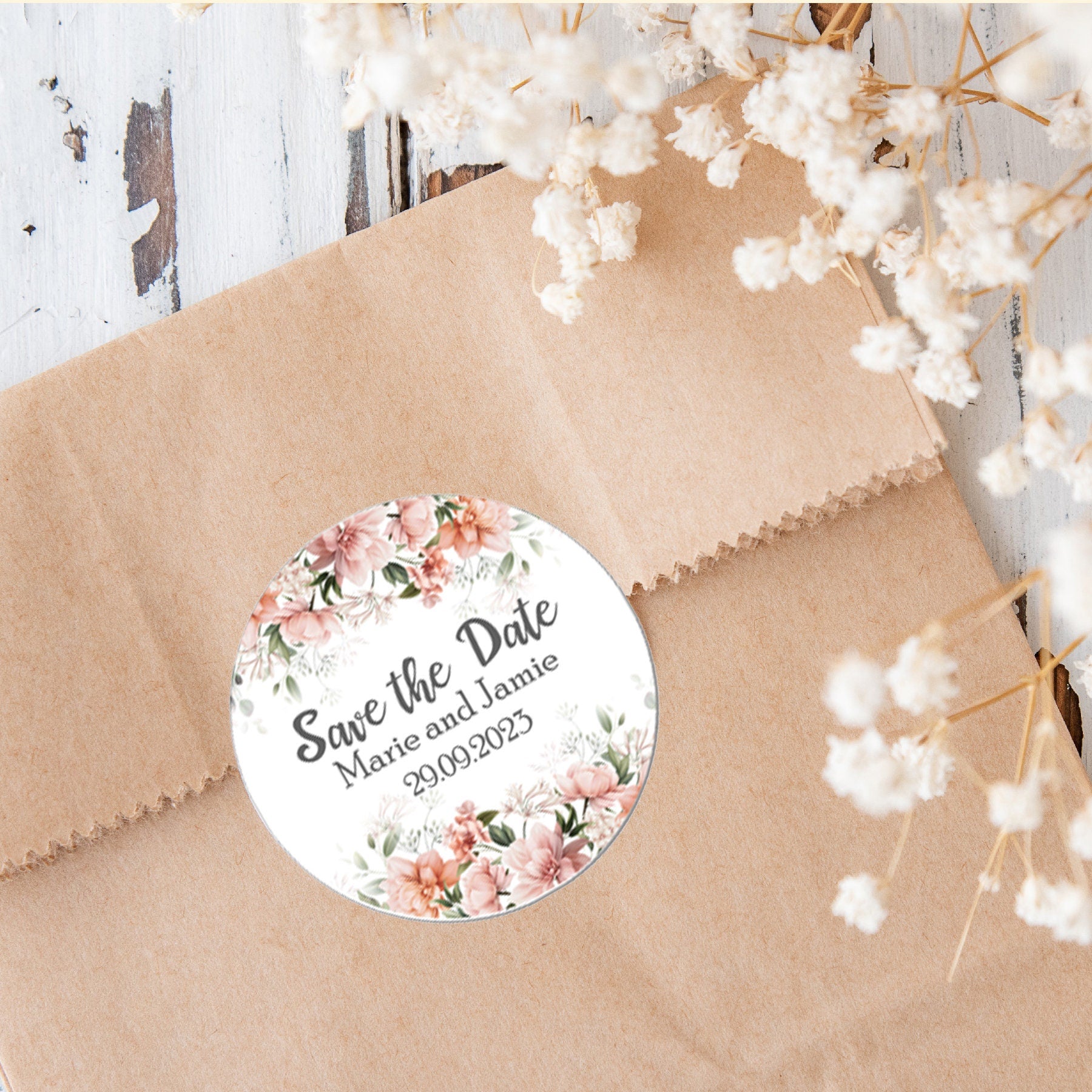 35 Personalised Save the date Wedding Stickers Floral Effect Favour RED Eucalyptus Thank you Gift Favour Rustic