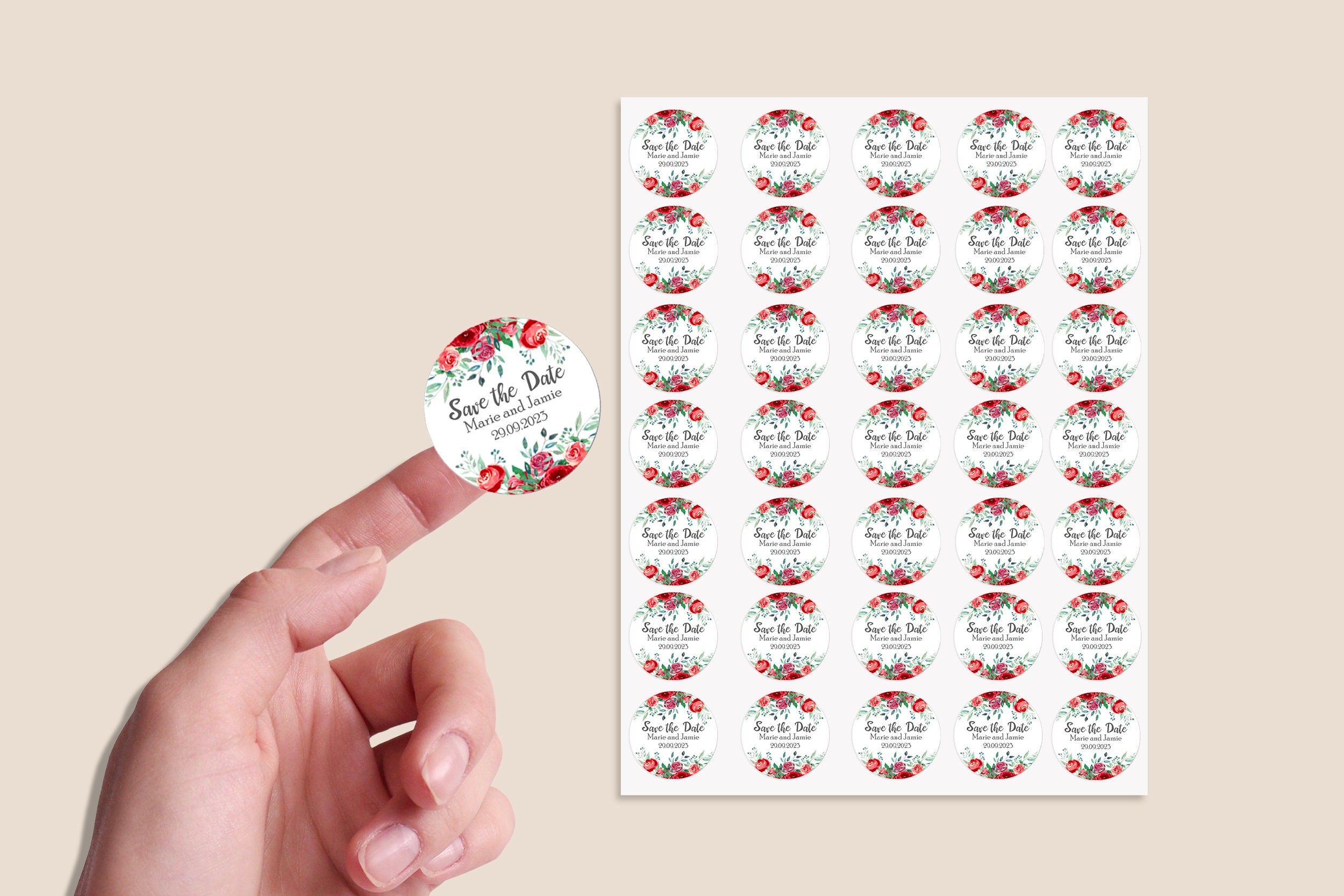 35 Personalised Save the date Wedding Stickers Floral Effect Favour RED Eucalyptus Thank you Gift Favour Rustic