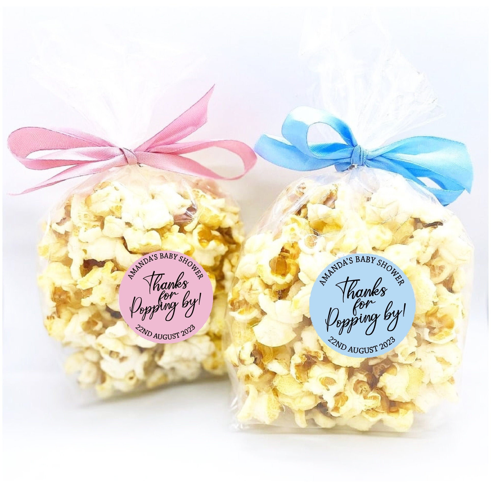 Personalised  Thanks for Popping by Stickers Popcorn Cone stickers, Favour bag stickers, Birthday Wedding Baby Shower  - Various colours