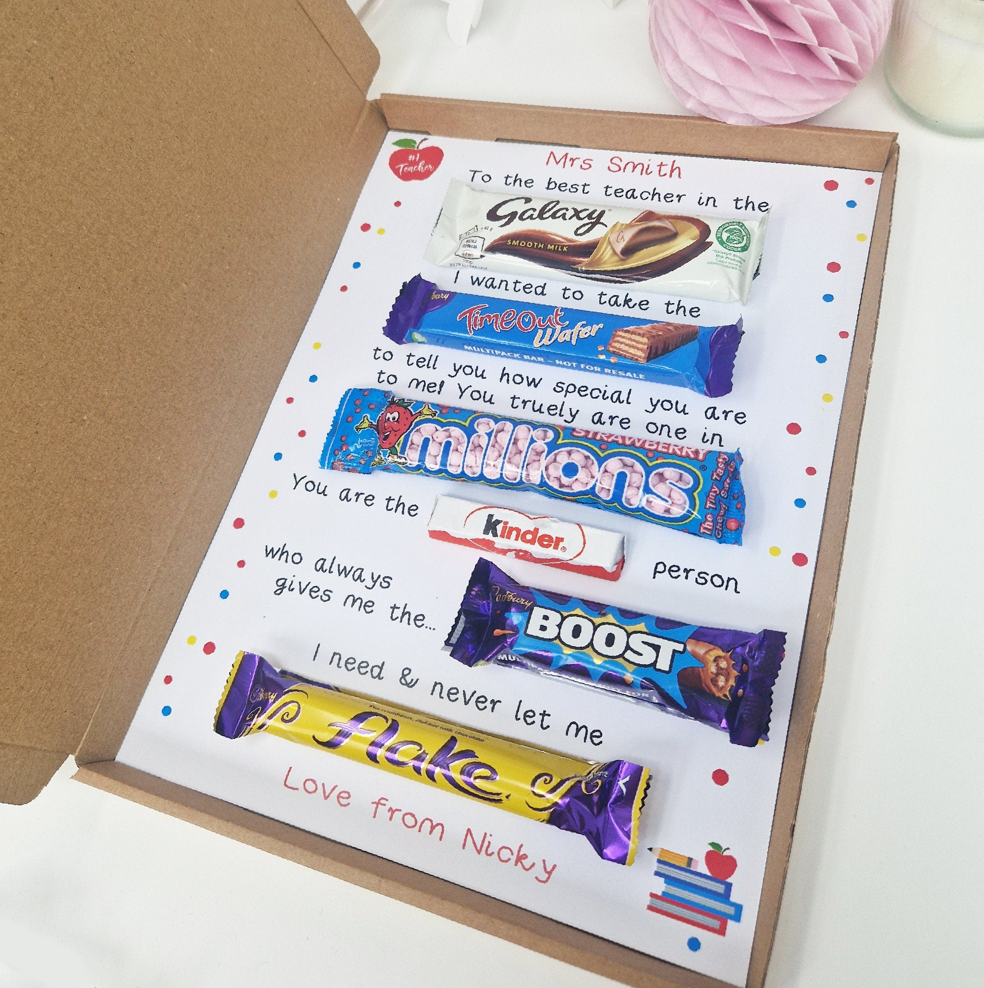 Personalised  Teacher Poem summer gift Poem Treat Box Hug in a box, hamper gift thank you gift Lollypop lady Dinner lady Key worker Music PE