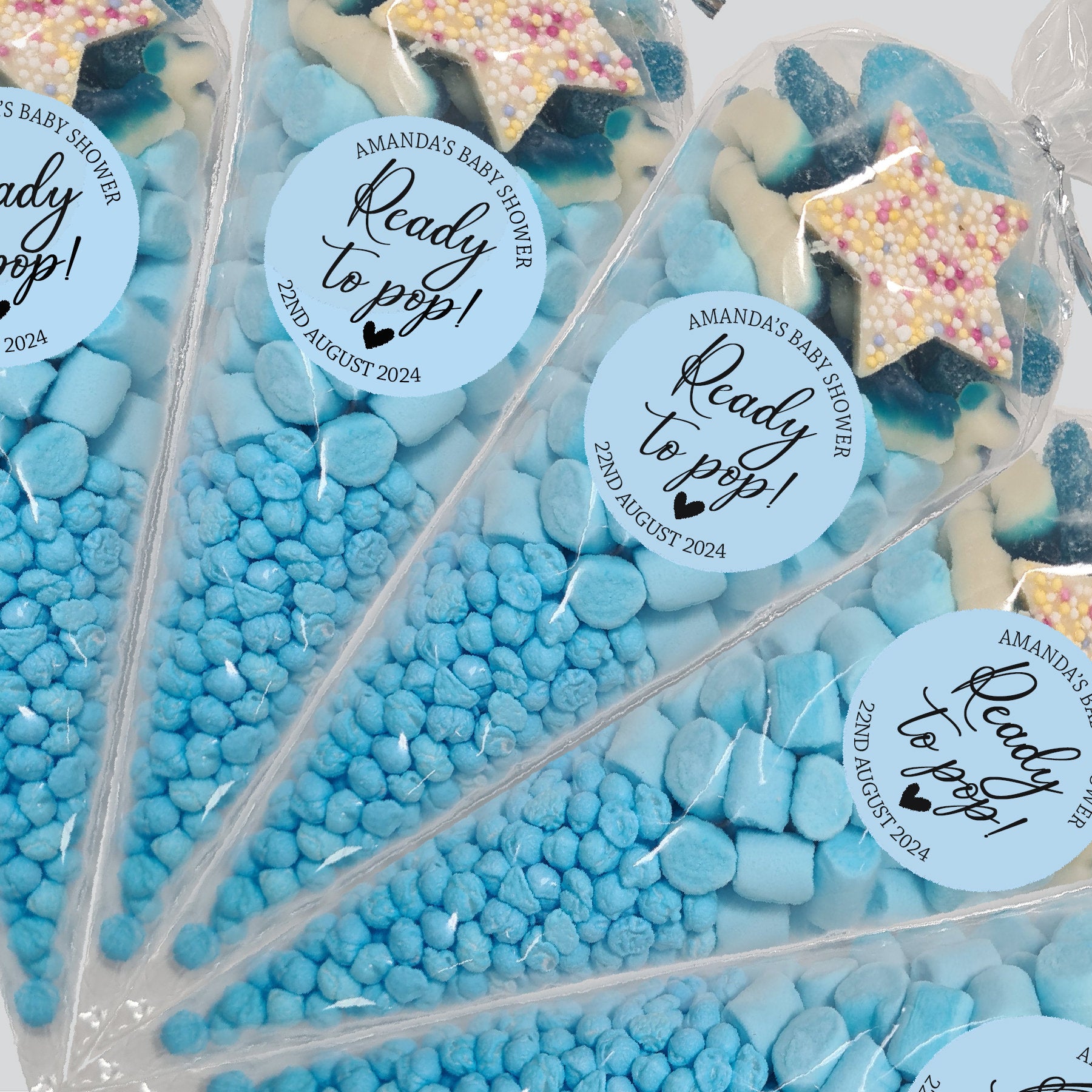 35 Personalised Baby Shower Stickers Thank You Popcorn Cone stickers, Favour bag stickers, Ready to Pop - Various colours