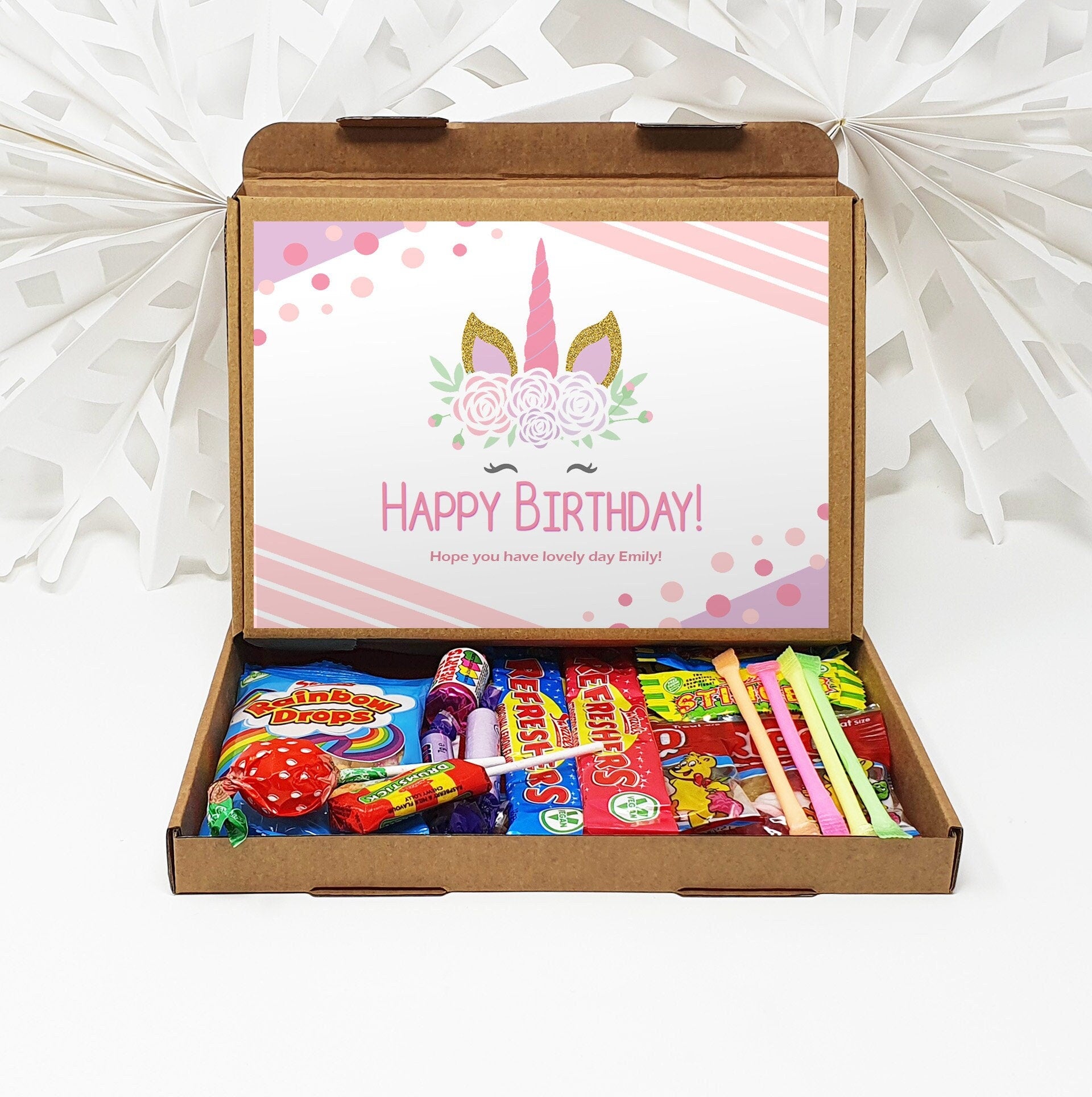 Personalised Unicorn Birthday Retro Sweet Treats Box Gift Hamper Sweet Present - Gift for all ages