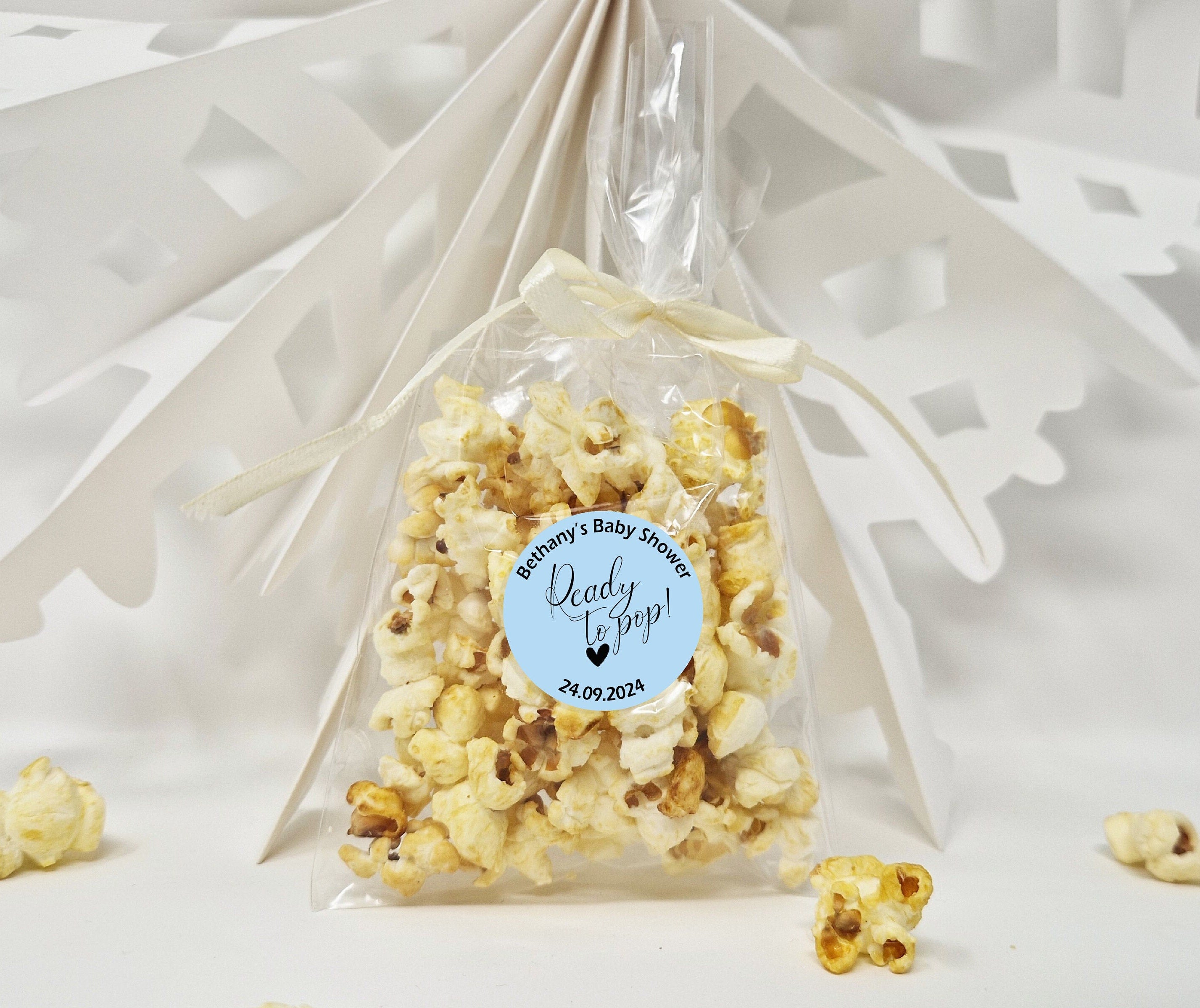 Baby Shower Popcorn Favour Sweet Bags with Personalised Stickers - Ready to Pop - Popcorn Sweet Favour Bags - Baby Shower Favours