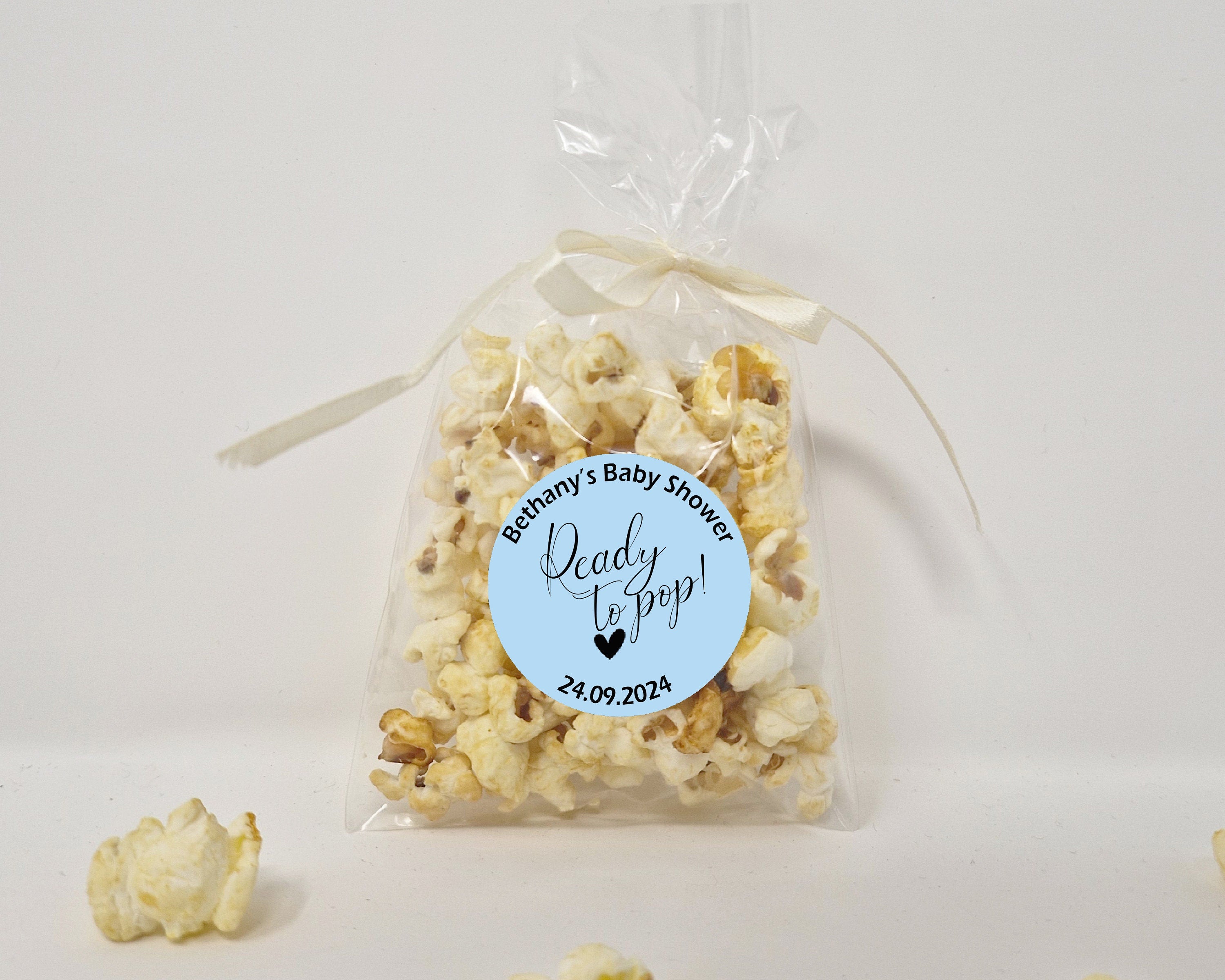 Baby Shower Popcorn Favour Sweet Bags with Personalised Stickers - Ready to Pop - Popcorn Sweet Favour Bags - Baby Shower Favours