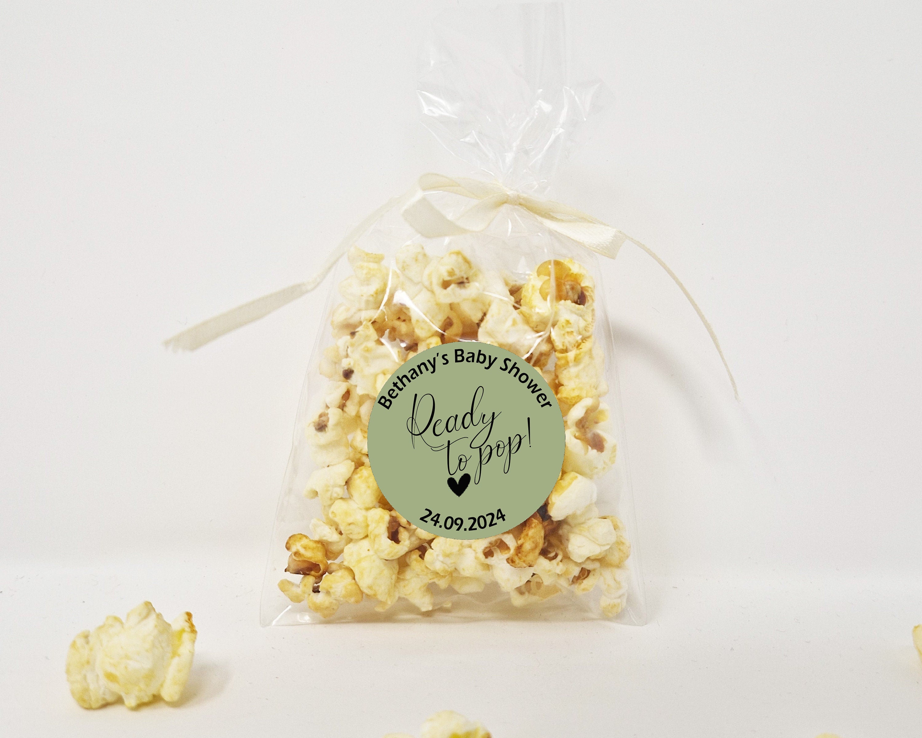 Baby Shower Popcorn Favour Sweet Bags with Personalised Stickers - Ready to Pop - Popcorn Sweet Favour Bags - Baby Shower Favours