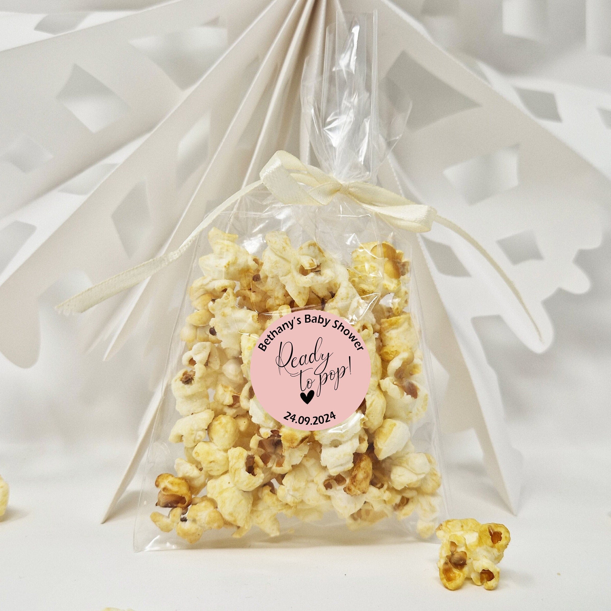 Baby Shower Popcorn Favour Sweet Bags with Personalised Stickers - Ready to Pop - Popcorn Sweet Favour Bags - Baby Shower Favours