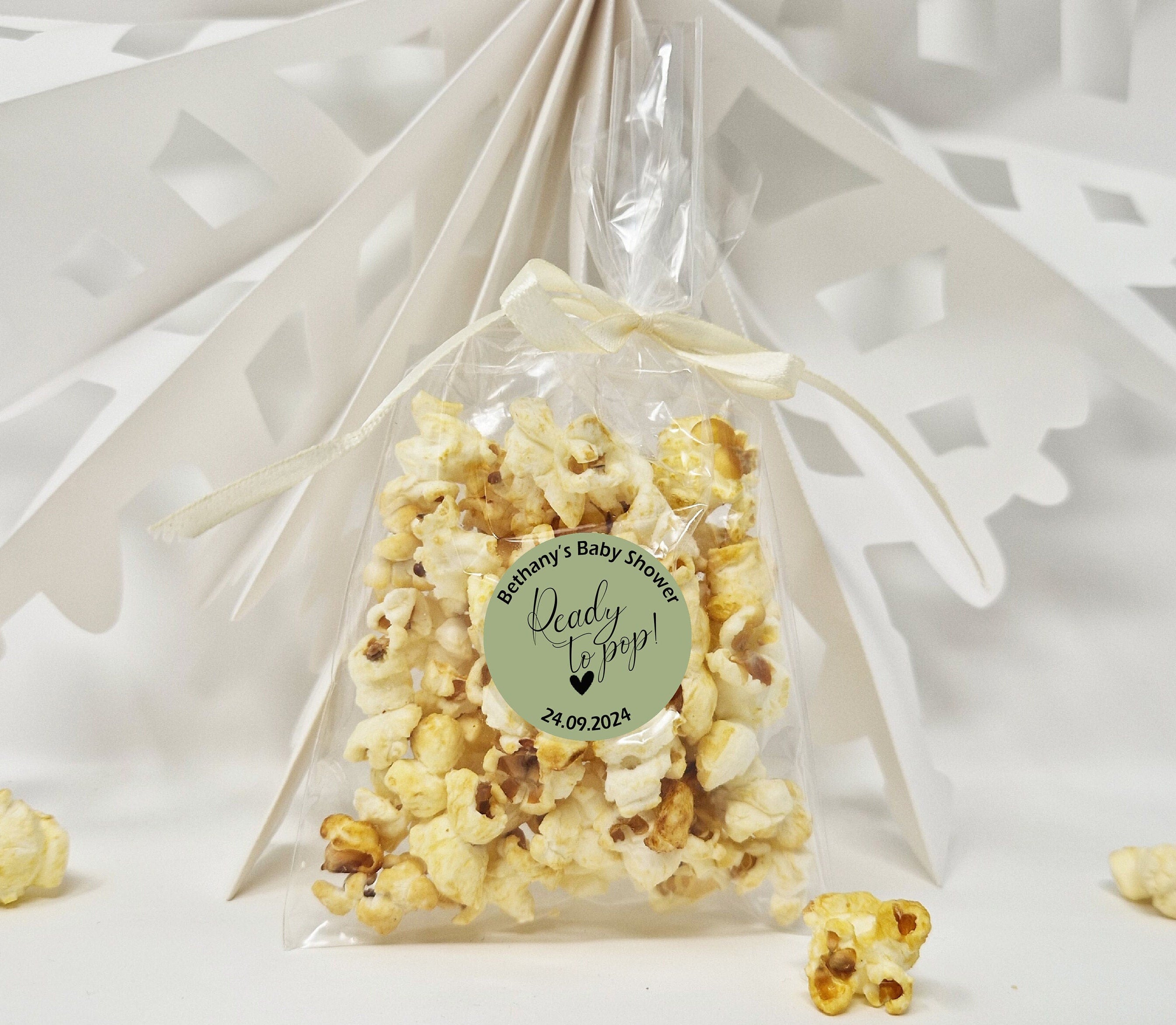 Baby Shower Popcorn Favour Sweet Bags with Personalised Stickers - Ready to Pop - Popcorn Sweet Favour Bags - Baby Shower Favours