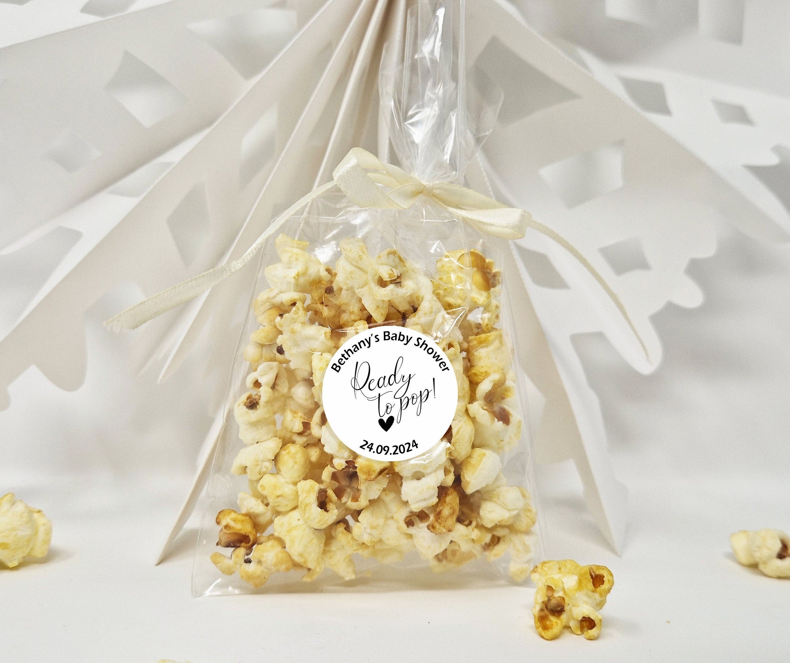 Baby Shower Popcorn Favour Sweet Bags with Personalised Stickers - Ready to Pop - Popcorn Sweet Favour Bags - Baby Shower Favours