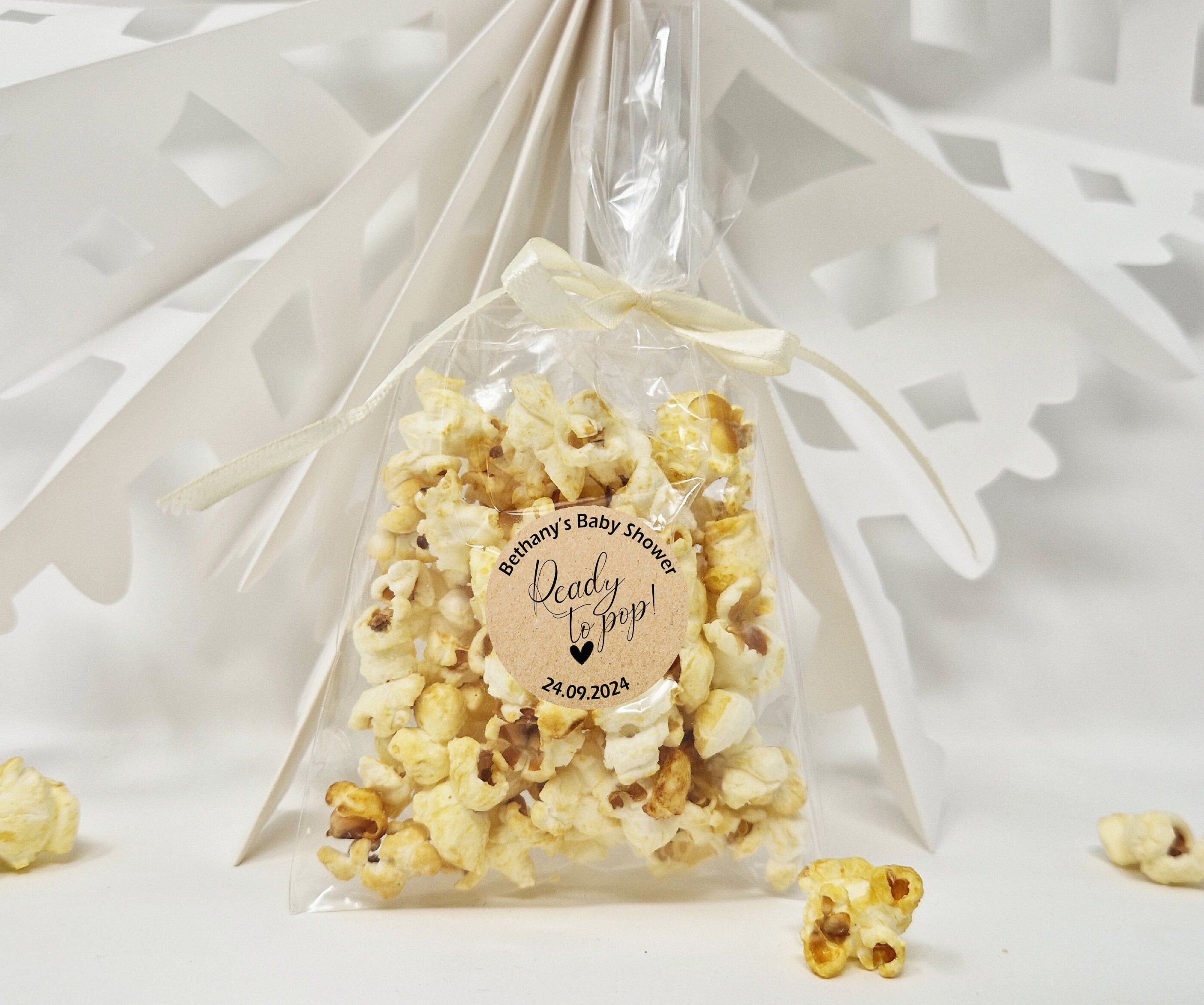 Baby Shower Popcorn Favour Sweet Bags with Personalised Stickers - Ready to Pop - Popcorn Sweet Favour Bags - Baby Shower Favours