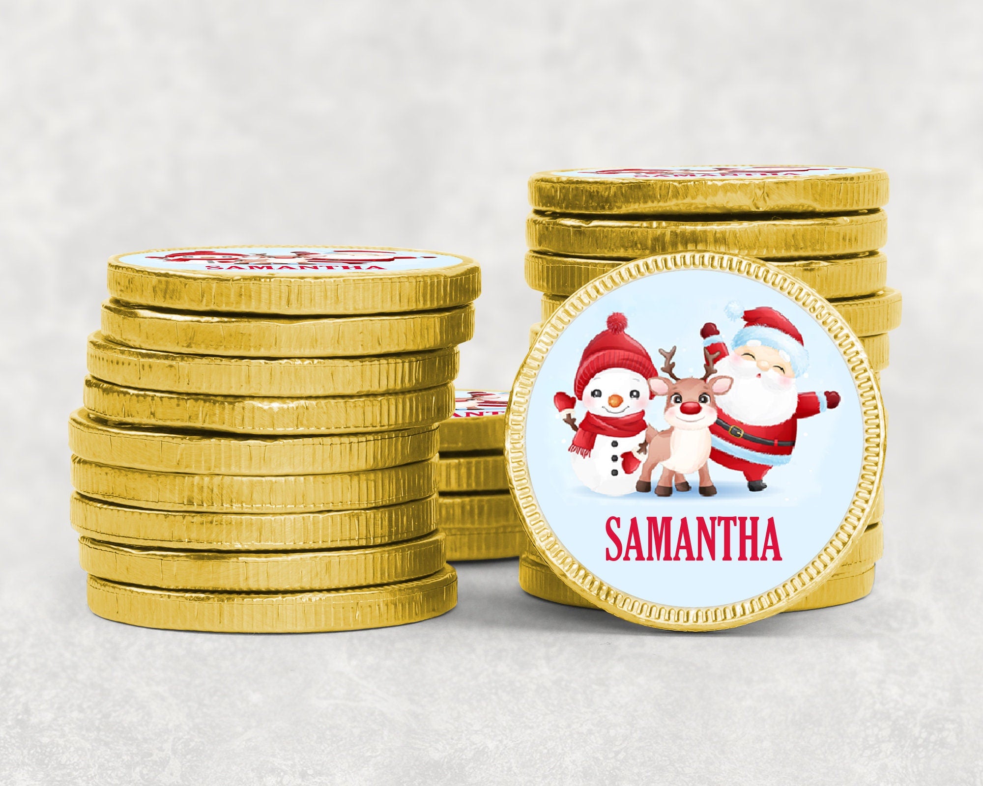 Personalised Christmas Chocolate coins Stocking Filler Stickers Gift Tag Labels Present Delivery From Santa set of 5