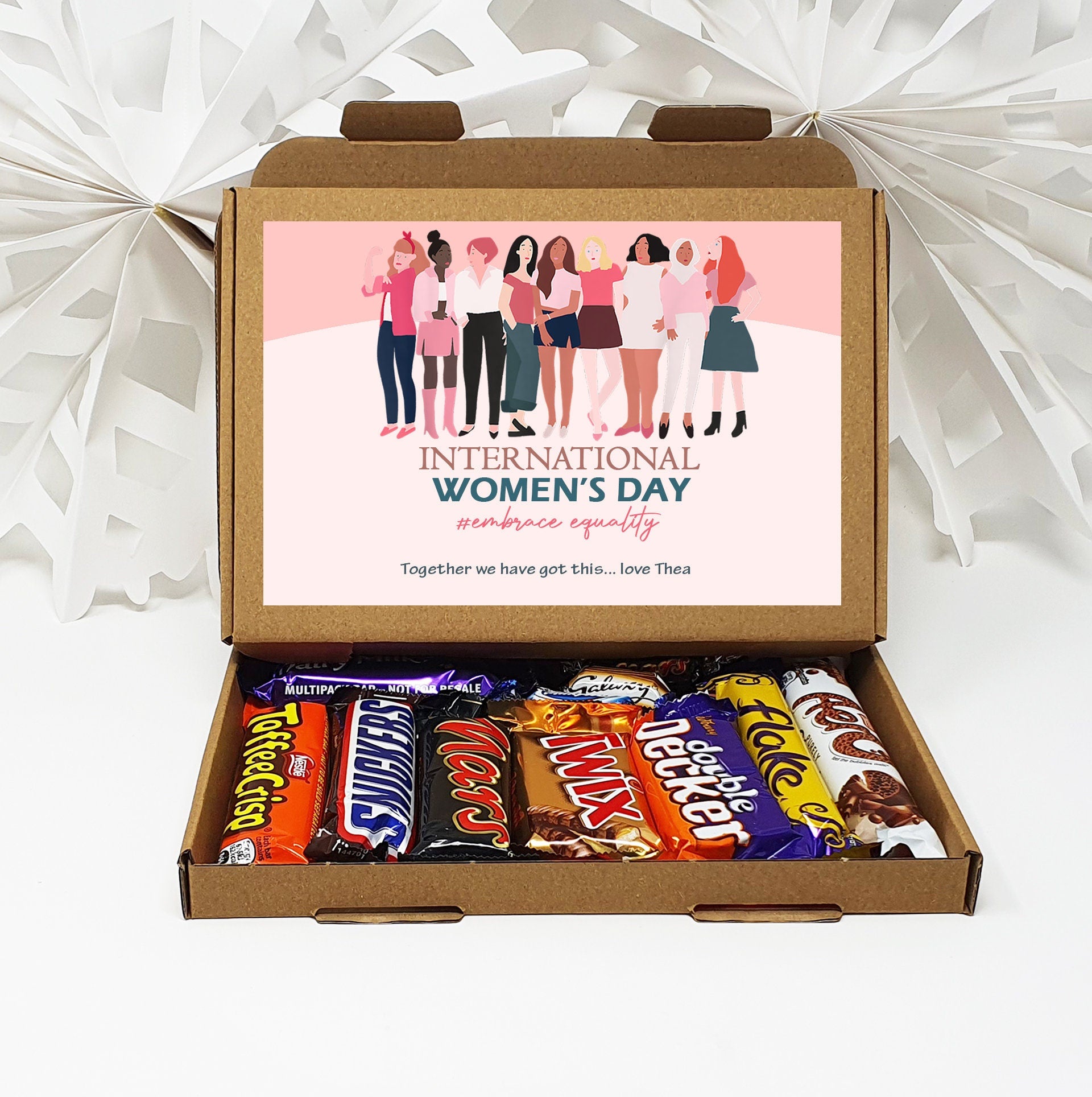 Personalised International Women&#39;s Day Treats Box Gift Employee Appreciation - Hug in a box Corporate Employee Inspirational Women