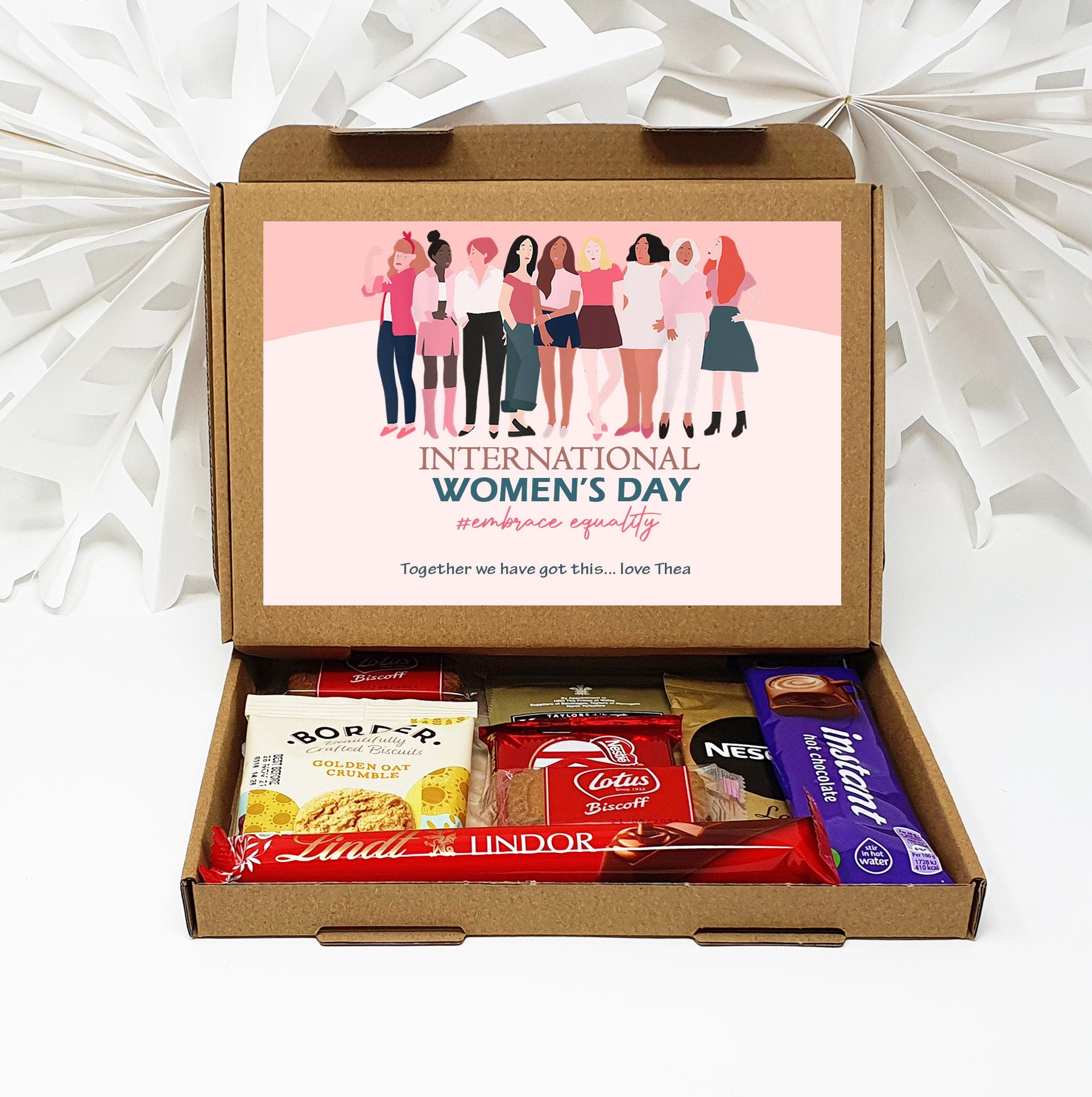 Personalised International Women&#39;s Day Treats Box Gift Employee Appreciation - Hug in a box Corporate Employee Inspirational Women