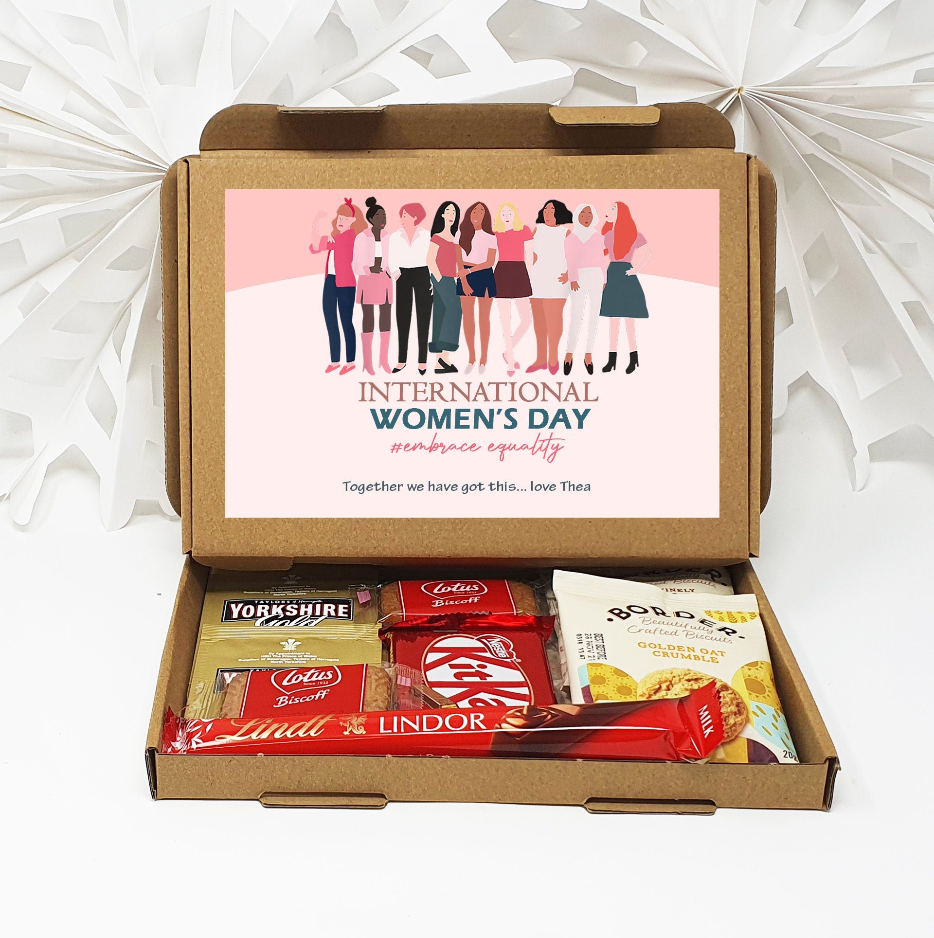 Personalised International Women&#39;s Day Treats Box Gift Employee Appreciation - Hug in a box Corporate Employee Inspirational Women