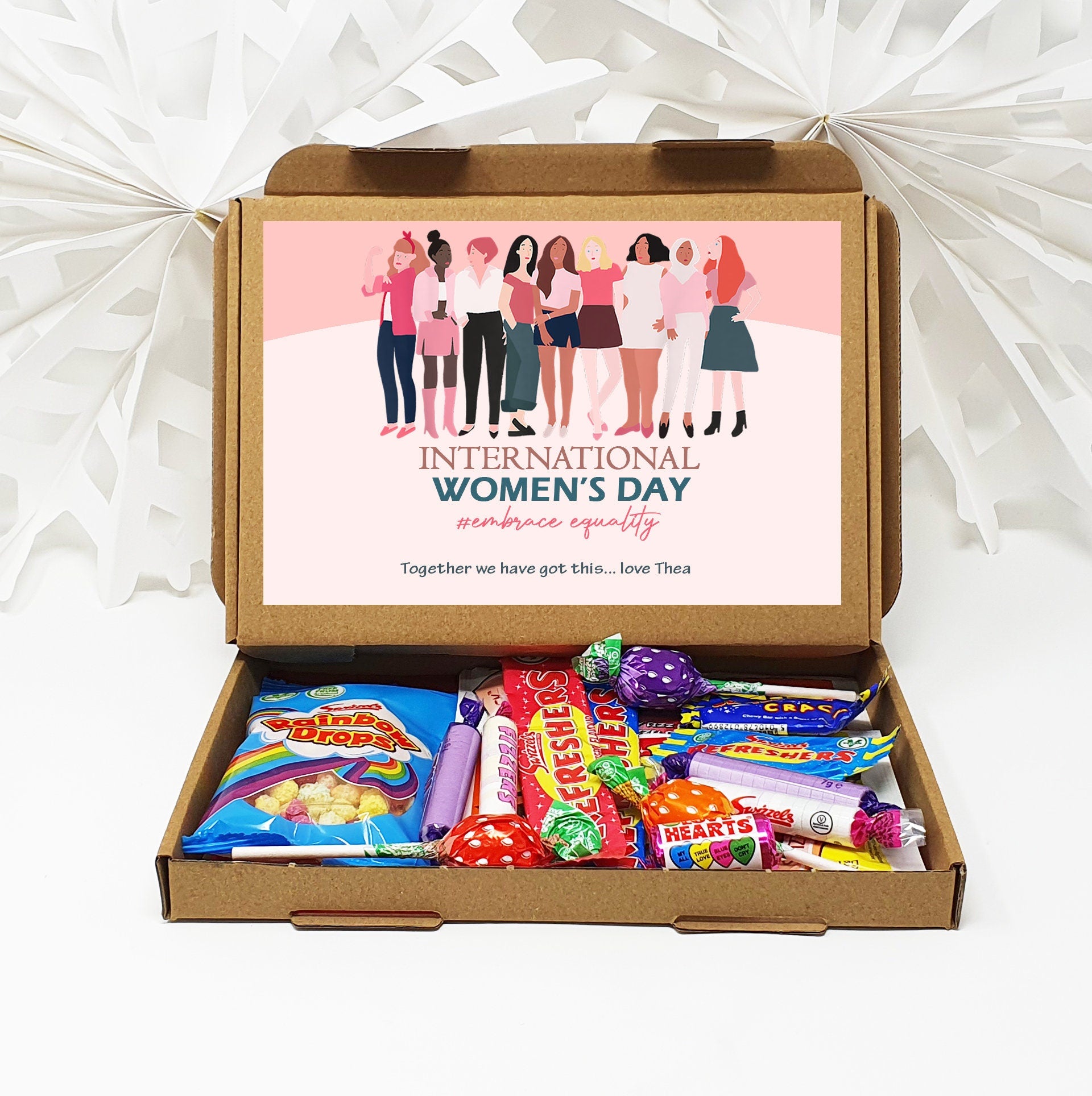 Personalised International Women&#39;s Day Treats Box Gift Employee Appreciation - Hug in a box Corporate Employee Inspirational Women